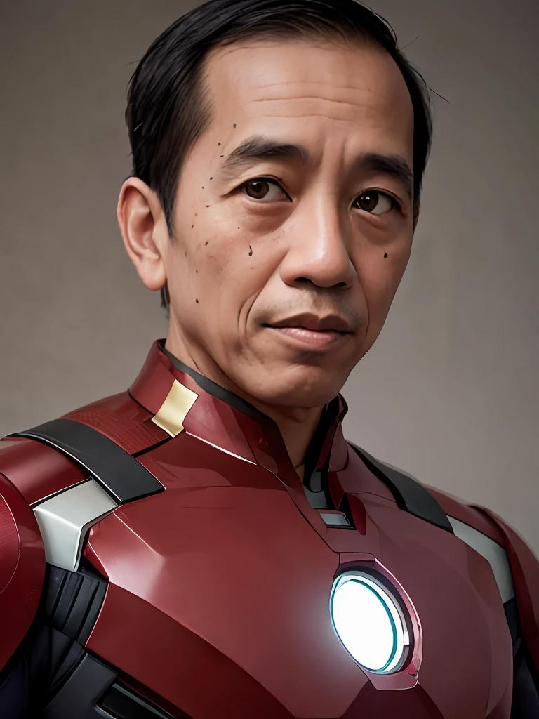 4k, Best quality, masterpiece, ultra high res, beautiful lighting, (realistic, photo-realistic:1.4), realistic background,  jokowi, 1man, 50 years old, serious, ironman open mask, full torso potrait photo, Long shot, wide shot, full shot