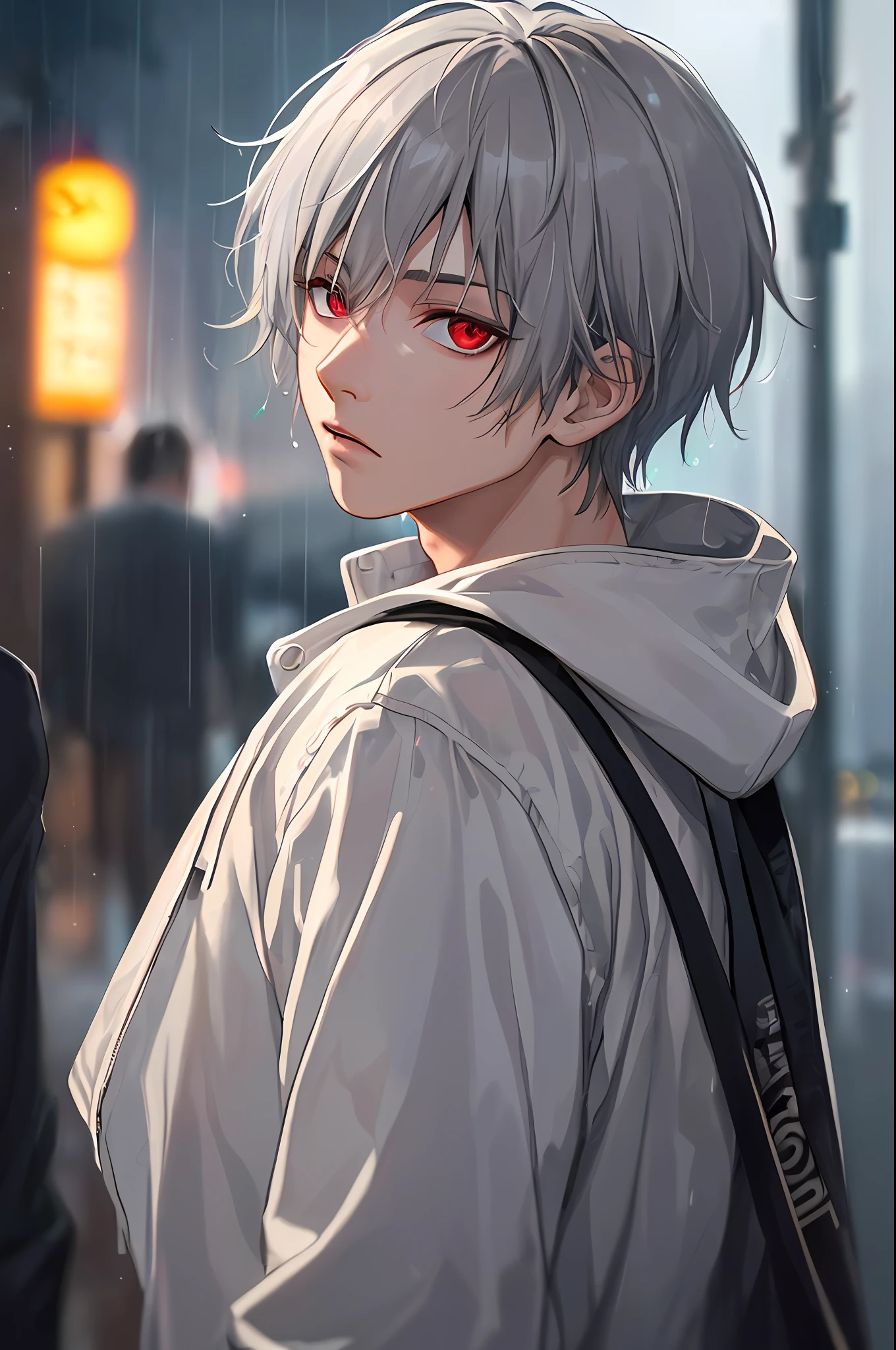 Anime boy with red eyes and a backpack in the rain - SeaArt AI