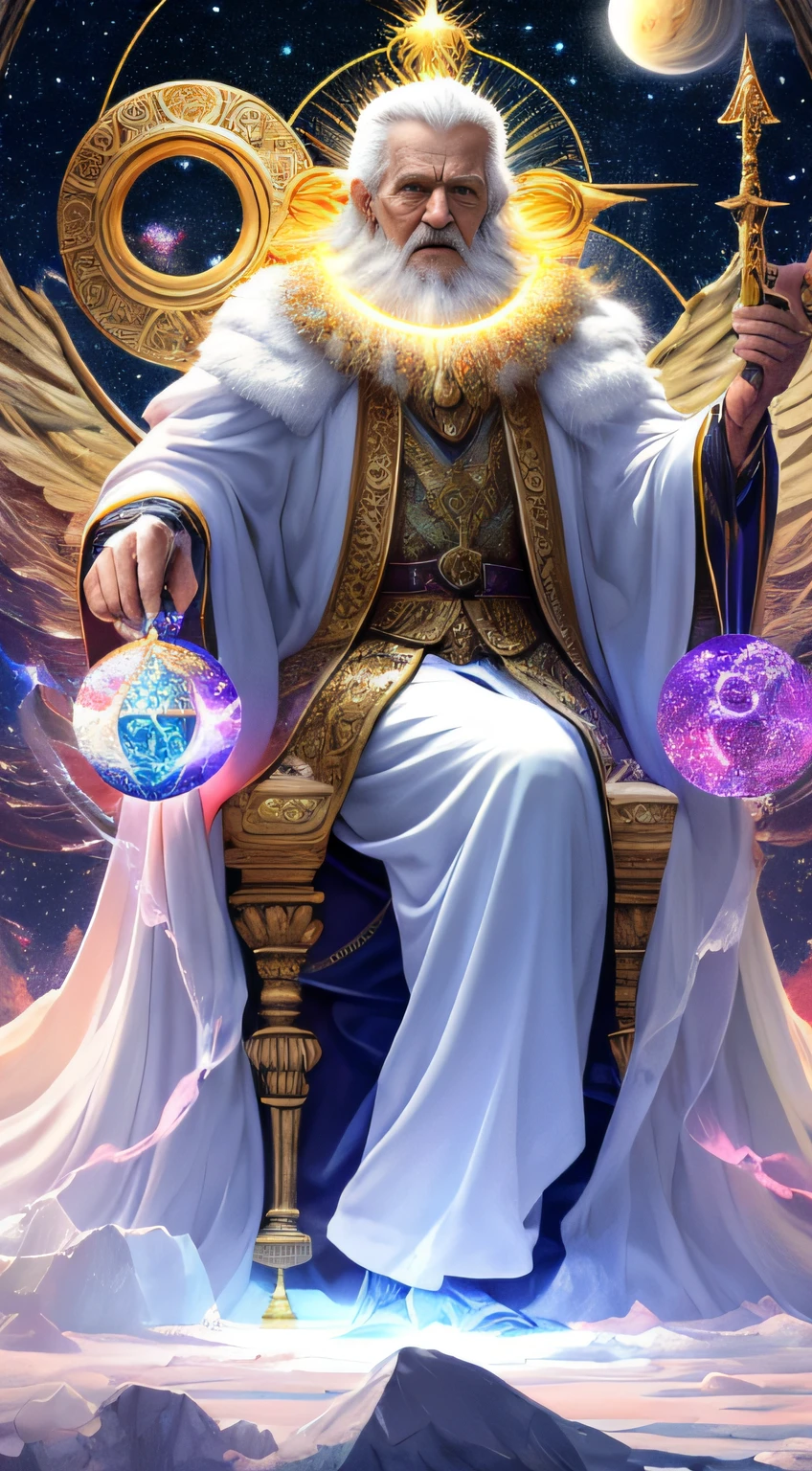 super high resolution, best quality, photo, 16k, (photorealistic: 1.2), cinematic lighting, An old man in the shape of a mythical god. Depict the god holding the sun and moon, enveloped by a radiant aura. Seat them on a magnificent throne within a cosmic backdrop, in bright white cloaks floating on the crystal throne, floating on crystal clouds, surrounded by the splendors of the universe. Pay meticulous attention to stunning details and achieve a resolution of 64K for an immersive and realistic visual experience. Let your work capture the essence of myth and wonder, leaving viewers in awe of its beauty and power.