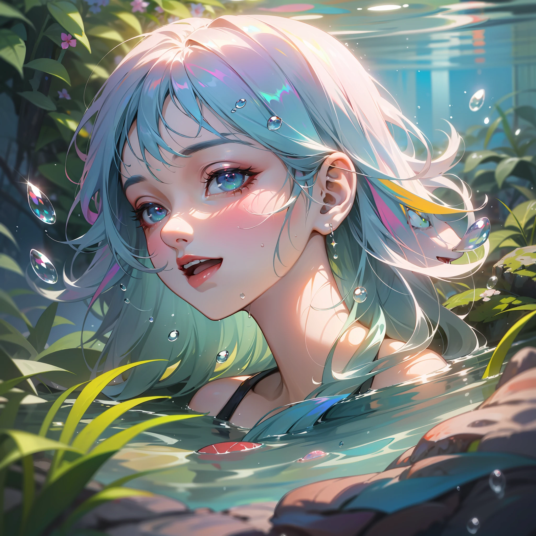 Girl swimming underwater, laughing, colorful colors, surrounded by colorful sea creatures and plants, Kavasi style, masterpiece, realistic ultra-detailed rendering style, hyperrealistic oil painting, head close-up, exaggerated perspective, Tyndall effect, realistic, water drops, mother-of-pearl, iridescent colors, holographic white