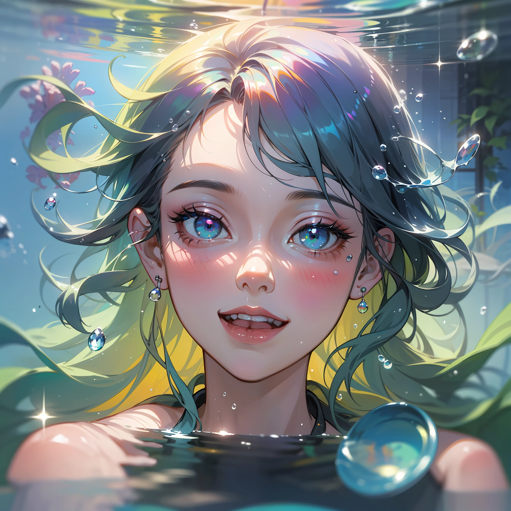 Girl swimming underwater, laughing, colorful colors, surrounded by colorful sea creatures and plants, Kavasi style, masterpiece, realistic ultra-detailed rendering style, hyperrealistic oil painting, head close-up, exaggerated perspective, Tyndall effect, realistic, water drops, mother-of-pearl, iridescent colors, holographic white