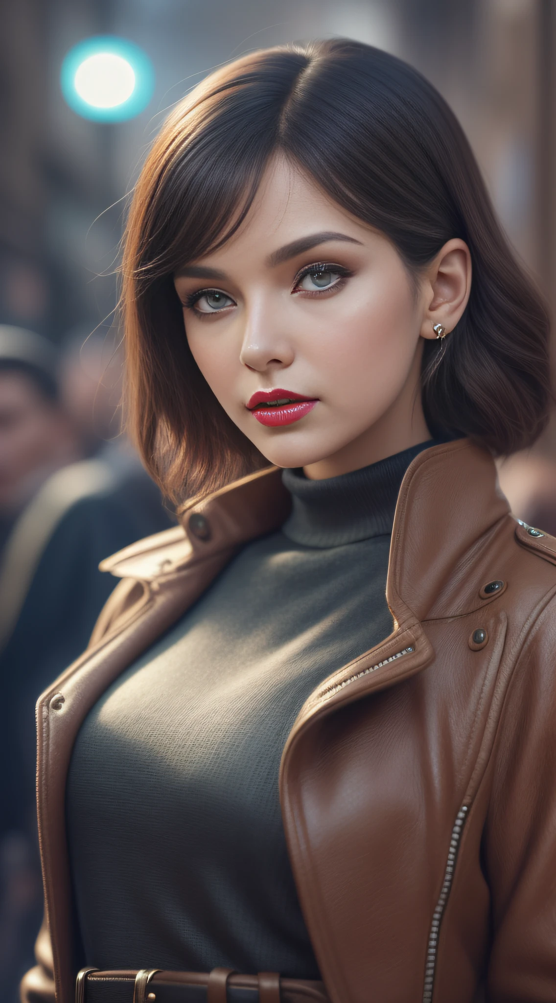 photo of (kikip4ss0:0.99), a woman as a movie star, modelshoot style, buzy Paris Surrounded (extremely detailed CG unity 8k wallpaper), photo of the most beautiful artwork in the world, professional majestic oil painting by Ed Blinkey, Atey Ghailan, Studio Ghibli, by Jeremy Mann, Greg Manchess, Antonio Moro, trending on ArtStation, trending on CGSociety, Intricate, High Detail, Sharp focus, dramatic, photorealistic painting art by midjourney and greg rutkowski, (long brown coat), (turtleneck), ((comicon event)), (leather trousers), ((standing on the red carpet)), ((paparazzi in the background)), (looking at viewer), (detailed pupils:1.3), (modern outfit:1.2), (closeup), red lips, (eye shadow)