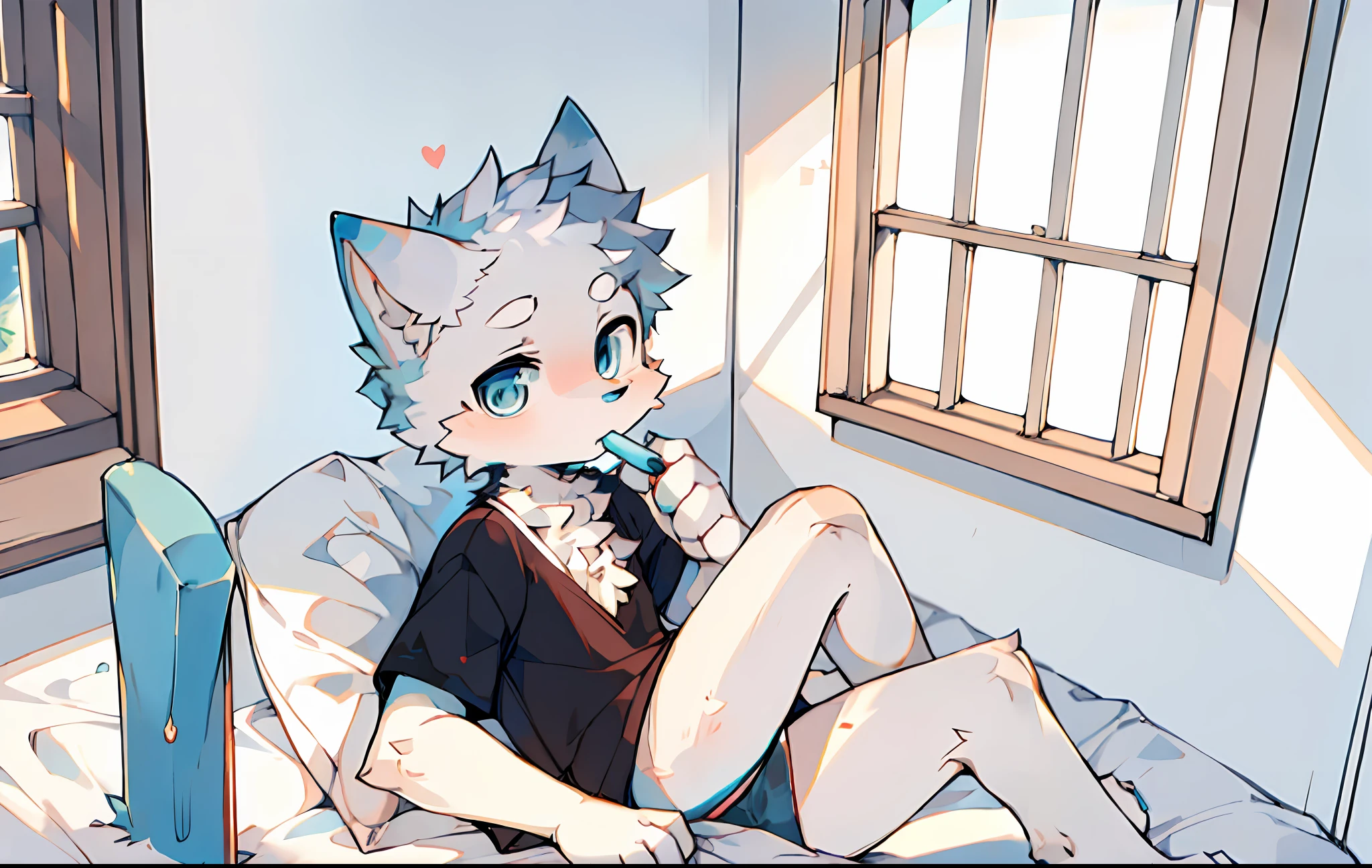 Furry, Fur, Body Fur, Room Interior, Bed, Solo, Short Sleeves, Summer, Popsicle, Panties, Long Dog, Cute, Male, White Fur, Blue Eyes, Facing the Audience, Window, Daytime