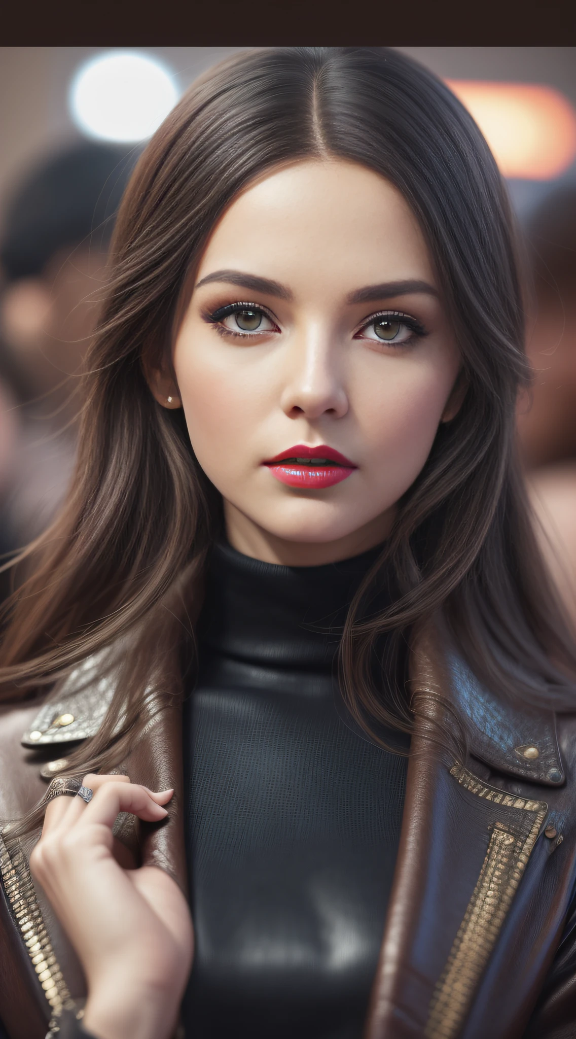 photo of (kikip4ss0:0.99), a woman as a movie star, modelshoot style, buzy Paris Surrounded (extremely detailed CG unity 8k wallpaper), photo of the most beautiful artwork in the world, professional majestic oil painting by Ed Blinkey, Atey Ghailan, Studio Ghibli, by Jeremy Mann, Greg Manchess, Antonio Moro, trending on ArtStation, trending on CGSociety, Intricate, High Detail, Sharp focus, dramatic, photorealistic painting art by midjourney and greg rutkowski, (long brown coat), (turtleneck), ((comicon event)), (leather trousers), ((standing on the red carpet)), ((paparazzi in the background)), (looking at viewer), (detailed pupils:1.3), (modern outfit:1.2), (closeup), red lips, (eye shadow)