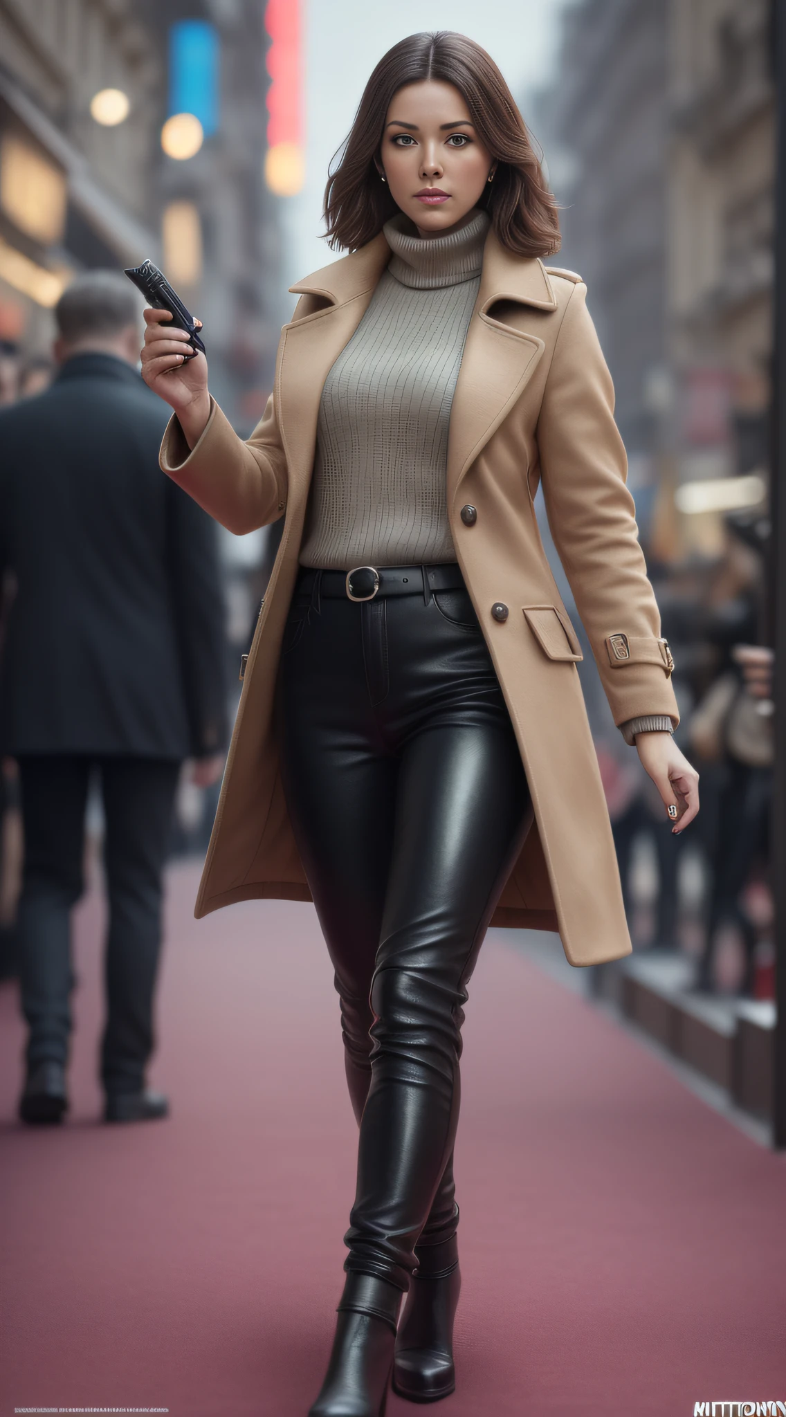 photo of (kikip4ss0:0.99), a woman as a movie star, modelshoot style, buzy Paris Surrounded (extremely detailed CG unity 8k wallpaper), photo of the most beautiful artwork in the world, professional majestic oil painting by Ed Blinkey, Atey Ghailan, Studio Ghibli, by Jeremy Mann, Greg Manchess, Antonio Moro, trending on ArtStation, trending on CGSociety, Intricate, High Detail, Sharp focus, dramatic, photorealistic painting art by midjourney and greg rutkowski, (long brown coat), (turtleneck), ((comicon event)), (leather trousers), ((standing on the red carpet)), ((paparazzi in the background)), (looking at viewer), (detailed pupils:1.3), (modern outfit:1.2), (closeup), red lips, (eye shadow)