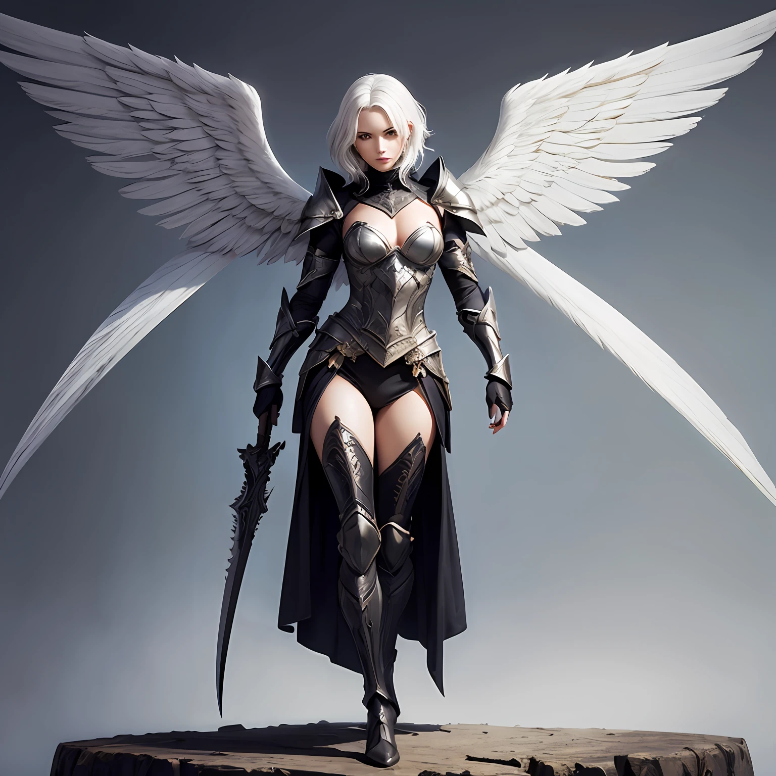 Short white hair, wearing armor, fantasy armor, magic figure, angel wings, archangel, female model, female character, death scythe, fantasy female armor, perfect curve, beauty, mythological character, angel, bible