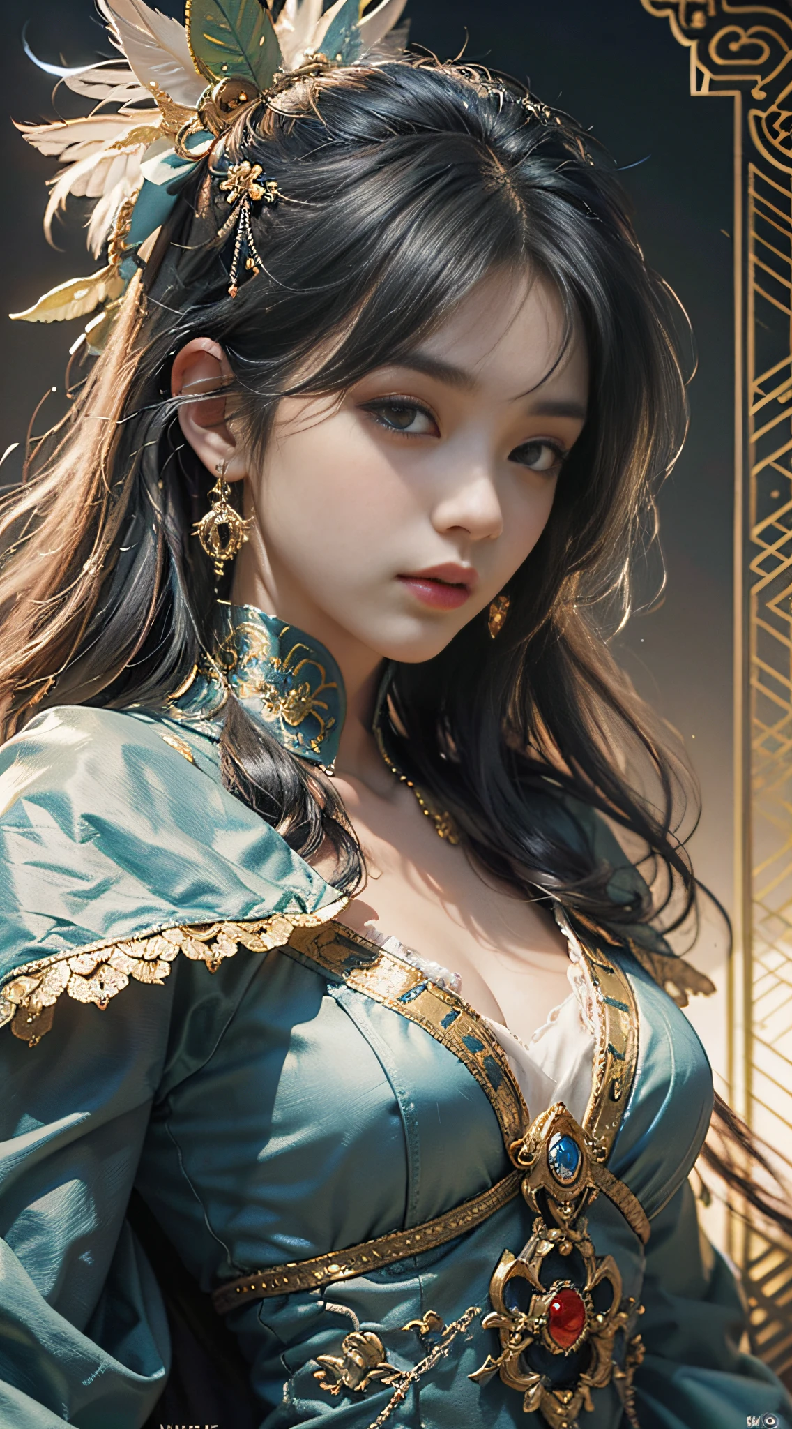 High quality, masterpiece, masterpiece, delicate facial features, delicate hair, 1 girl, delicate eyes, delicate colored hair, 4K picture quality, gorgeous light and shadow, (first-person_view), Tyndall effect, halo, messy hair, young state, gorgeous scene, exquisite clothes, chains, feathers, ancient Chinese beauty with big eyes very detailed, digital painting, art station, concept art, sharp focus, illustration, Greg Rutkovsky, Alphonse Artwork by Mucha and Victor Ngay