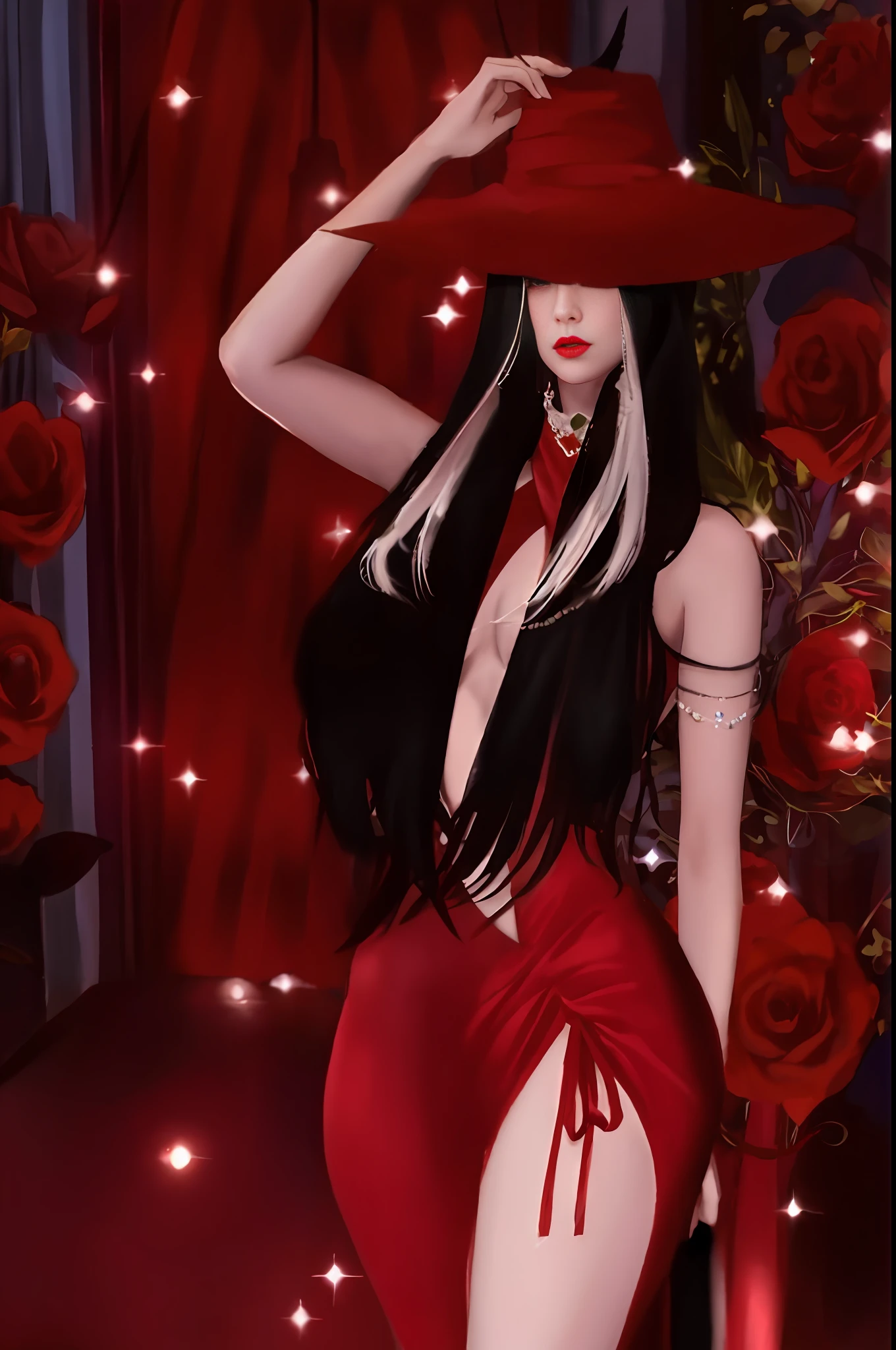 A closeup of a woman in a red dress and a hat, red dress and magical witch hat, crimson themed, red dress and hat, in a red dream world, crimson costume, imvu, red clothes, red velvet dress, sensual dark style, crimson clothes, she is the queen of black roses, CGsociety, red adornments(8k, 🌺 raw photo, best quality, photorealistic, realistic, UHD: 1.3, masterpiece,