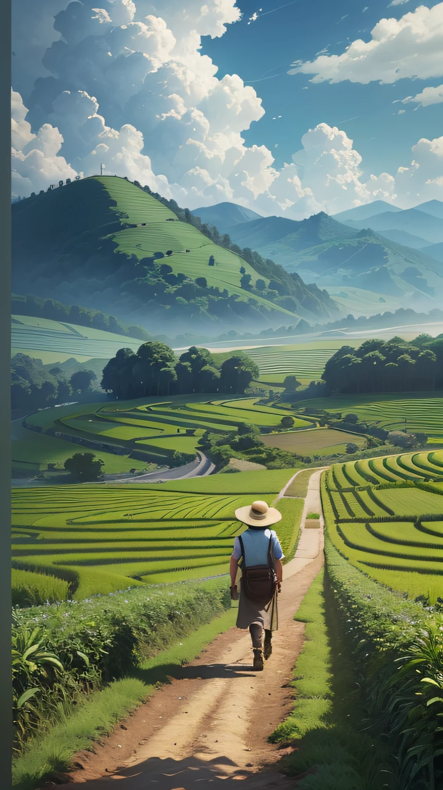 An old farmer carrying a flat burden, walking on the winding path of the countryside, big clouds, blue sky, rice fields, neat rice seedlings in the field, forest, hillside, secluded, countryside, HD detail, hyper-detail, cinematic, surrealism, soft light, deep field focus bokeh, ray tracing and surrealism. --auto --v6