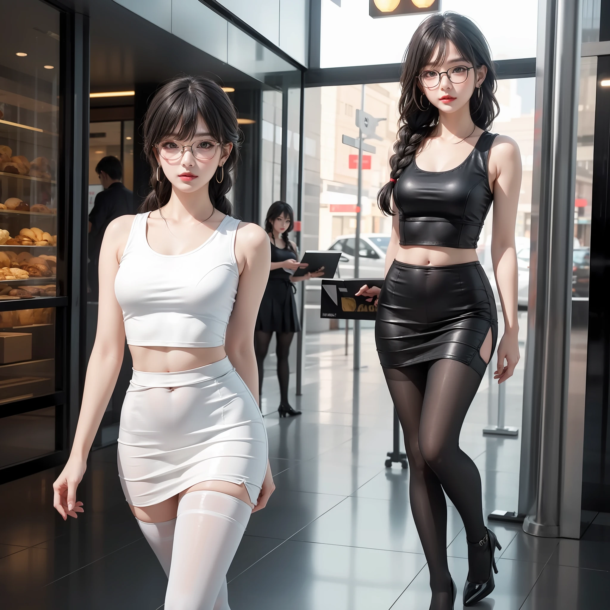 A silly white sweet, wearing glasses, masterpiece, light makeup, flaming red lips, coiled hair, fluffy hair, side braids, side split bangs, shopping mall background, graceful, elegant. Ultra-fine details, master works, real texture, cinematic lighting realism, perfect works, 8k, high definition, exquisite facial features. The upper body is wearing an elastic sleeveless slanted shoulder tight-fitting top, showing the navel and a small waist. The lower body is wearing a beautiful tight hip skirt, sexy black tights, high heels, twisted crotch, and S-shaped curved body. Pear-shaped body. Rounded hips, slender little waist, sexy chest, vest line, collarbone, bright big eyes, smooth skin, earrings, tattoos, short and cute beautiful legs. Deep in the human, cat cherry lips. Perfect waist-hip ratio.
