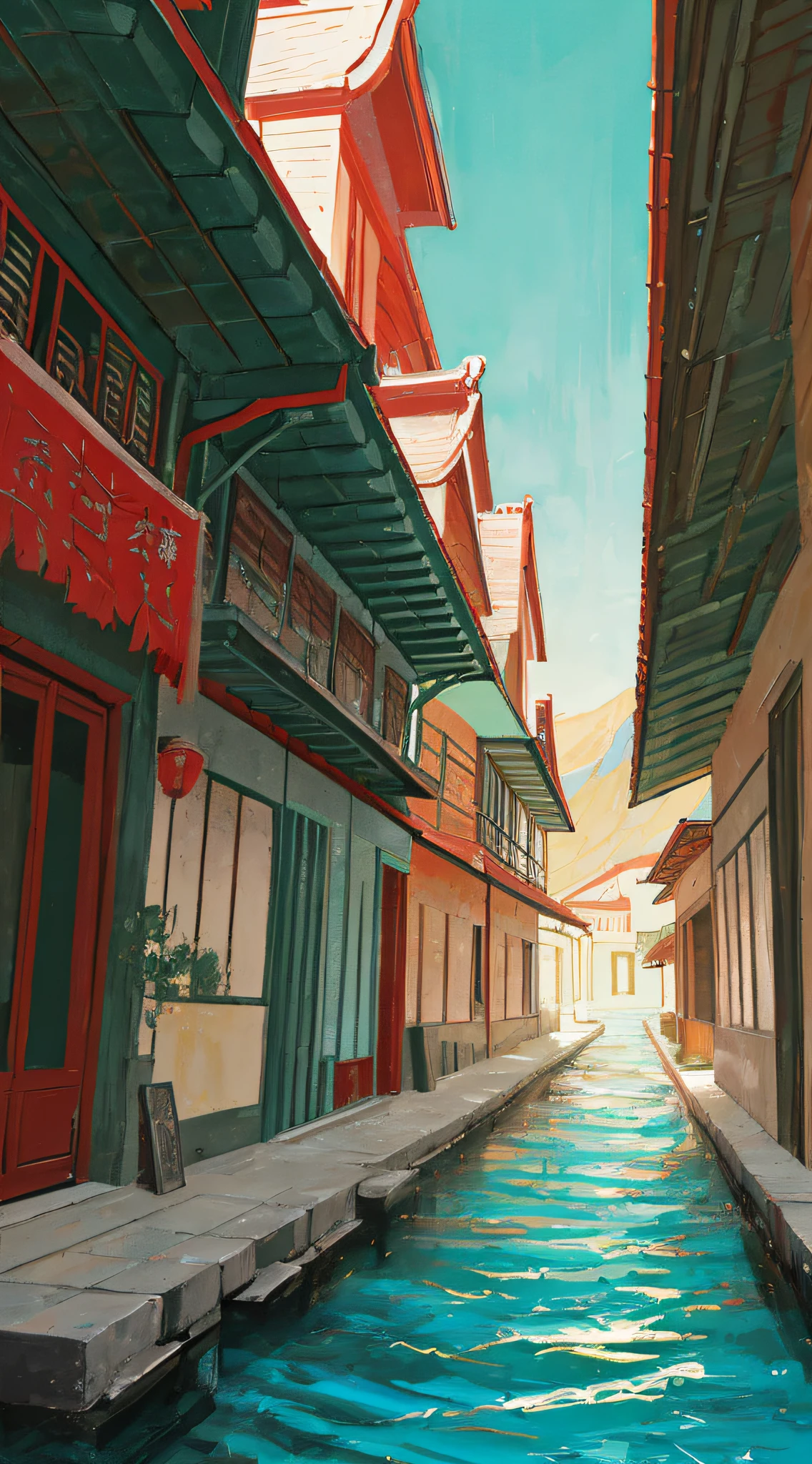 Ancient Chinese landscapes, ancient buildings, pavilions, carved beams and painted buildings, beautiful mountains and rivers, inspired by Jin Yong martial arts, sunlight, ink painting style, clean colors, decisive cutting, blank space, freehand, masterpiece, super detailed, epic composition, high quality , highest quality, pixar style, oversaturated, surreal, artgerm --v 6
