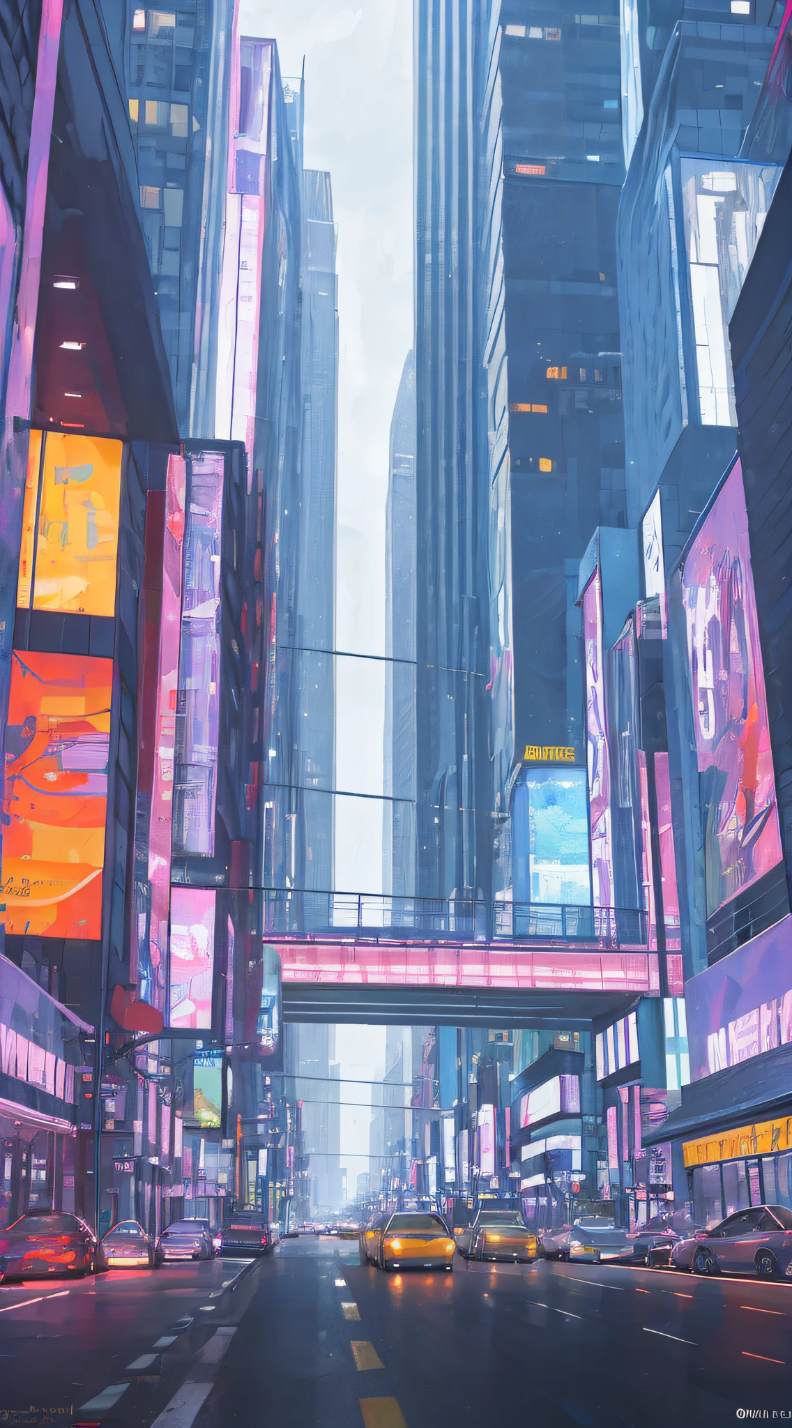 Style: Concept art. The scene: Futuristic cityscapes with towering skyscrapers and sleek aerodynamic vehicles speeding through the air. High-resolution OLED GUI interfaces in the building&#39;s windows are filled with transparent data visualization infographics showing everything from weather patterns to traffic flow. Colors are saturated and vibrant, with warm pinks and purples dominating the skyline. The overall effect is both beautiful and awe-inspiring.