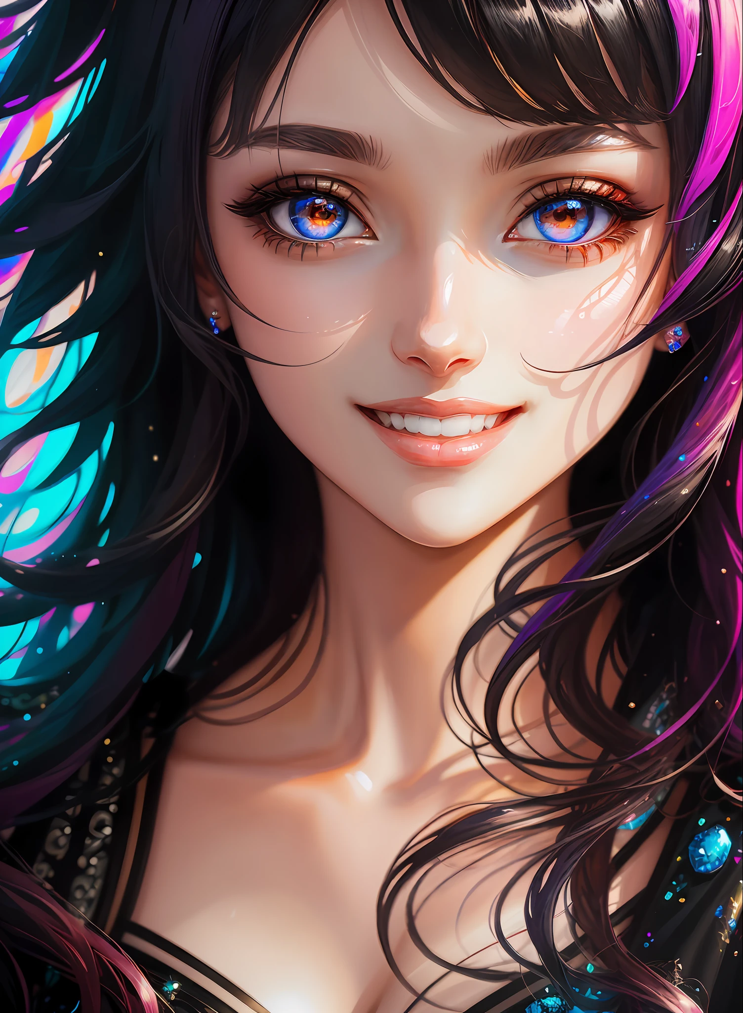 ((Best Quality)), ((Masterpiece)), (Real), (Detail),Anime Style, (1 woman) close-up portrait of a woman with black hair, eyes shining beautifully like pink diamonds, 4K high-definition digital art, stunning digital illustrations, stunning 8K artwork, colorful digital fantasy art, colorful, bright, beautiful digital artwork, Colorful Digital Painting, Digital Anime Art, Portrait of Beautiful Bright Smiling Woman, 8K HD Digital Wallpaper Art, Gorgeous Digital Painting