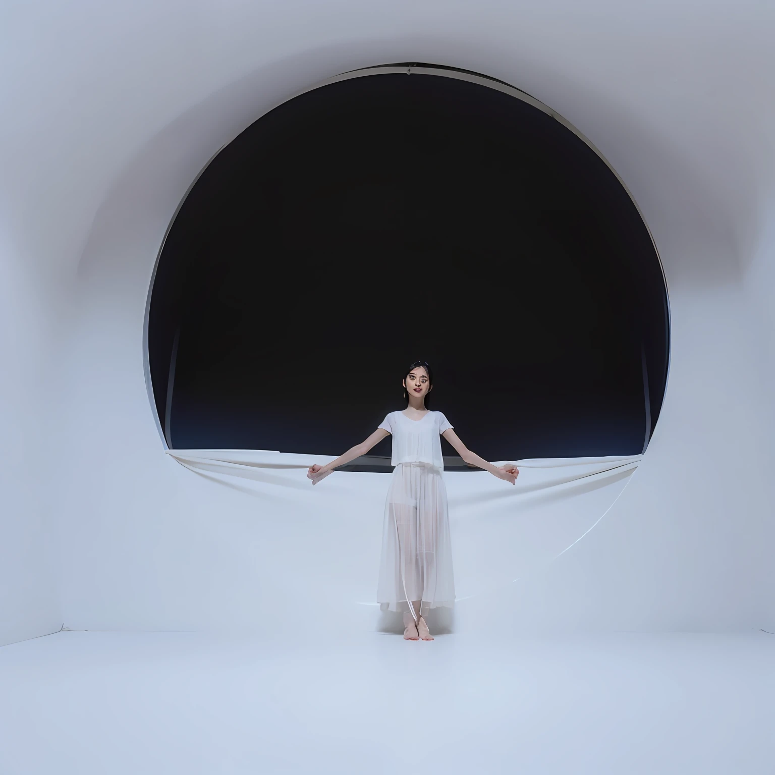 Photorealistic photograph, young Japan woman in thin white dress standing in a white room with circular window inspired by Anna Hussli, still of screen and silk, editorial photo, advertising photo, ethereal sheer translucent fabric, Japan woman standing on one leg, in front of a white background, anatomically accurate hands resting on a black hammock, against the background of a white glowing window, The background should be neutral and simple, allowing a woman to be the focal point of the image. Pay attention to every detail, such as highlights and shadows on the face and hair, to create a realistic and realistic image. Experiment with different lighting techniques to improve the mood and mood of your portrait. The final product should be a masterpiece that captures the essence and beauty of women ((Highly detailed skin, skin details)), Sharp Focus, Volumetric Mist, 8k UHD, DSLR, High Quality, Film Grain, Fujifilm XT3 Negative prompt: ((((Big hands, non-detailed skin, semi-realistic, CGI, 3D, rendering, sketching, cartoon, drawing, animation)))), (((ugly mouth, ugly eyes, missing teeth, crooked teeth, close-up, cropped, out of frame)))), worst quality, low quality, JPEG artifacts, ugly, duplicated, pathological, amputated, extra fingers, mutated hands, poorly drawn hands, poorly drawn face, mutation, deformation, blurry, dehydrated, anatomy, poor proportions, extra limbs, crohn face, Deformed, coarse proportions, malformed limbs, no arms, no legs, extra arms, extra legs, fused fingers, many fingers, long neck