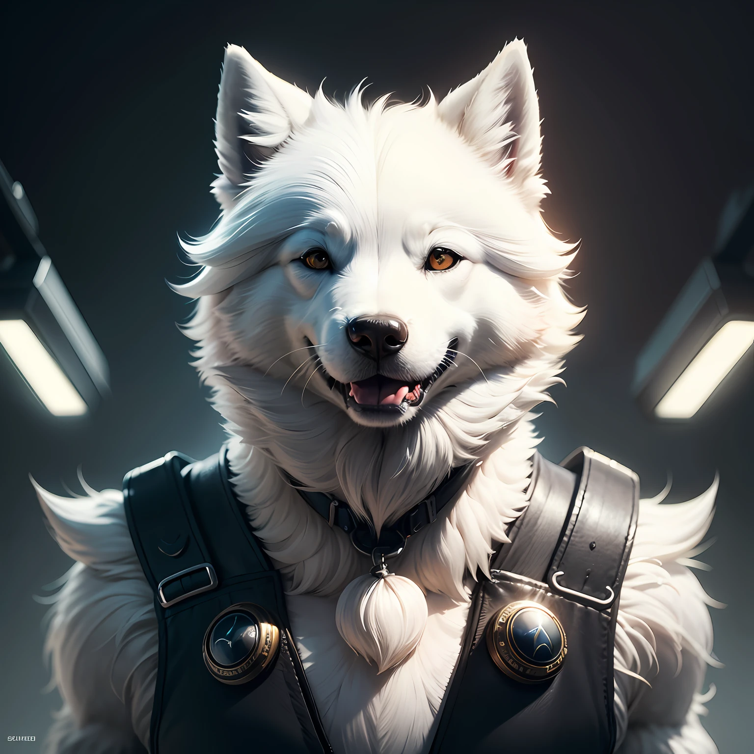 A fantz creature|(white Samoyed dog: 0.4) portrait with a scfi suit, dynamic composition, cinematic lighting, warm and vibrant colors, art by Sam Weber and Michael C Hayes, 8k, trend in artstation, hyper detailed, cinematic, --auto