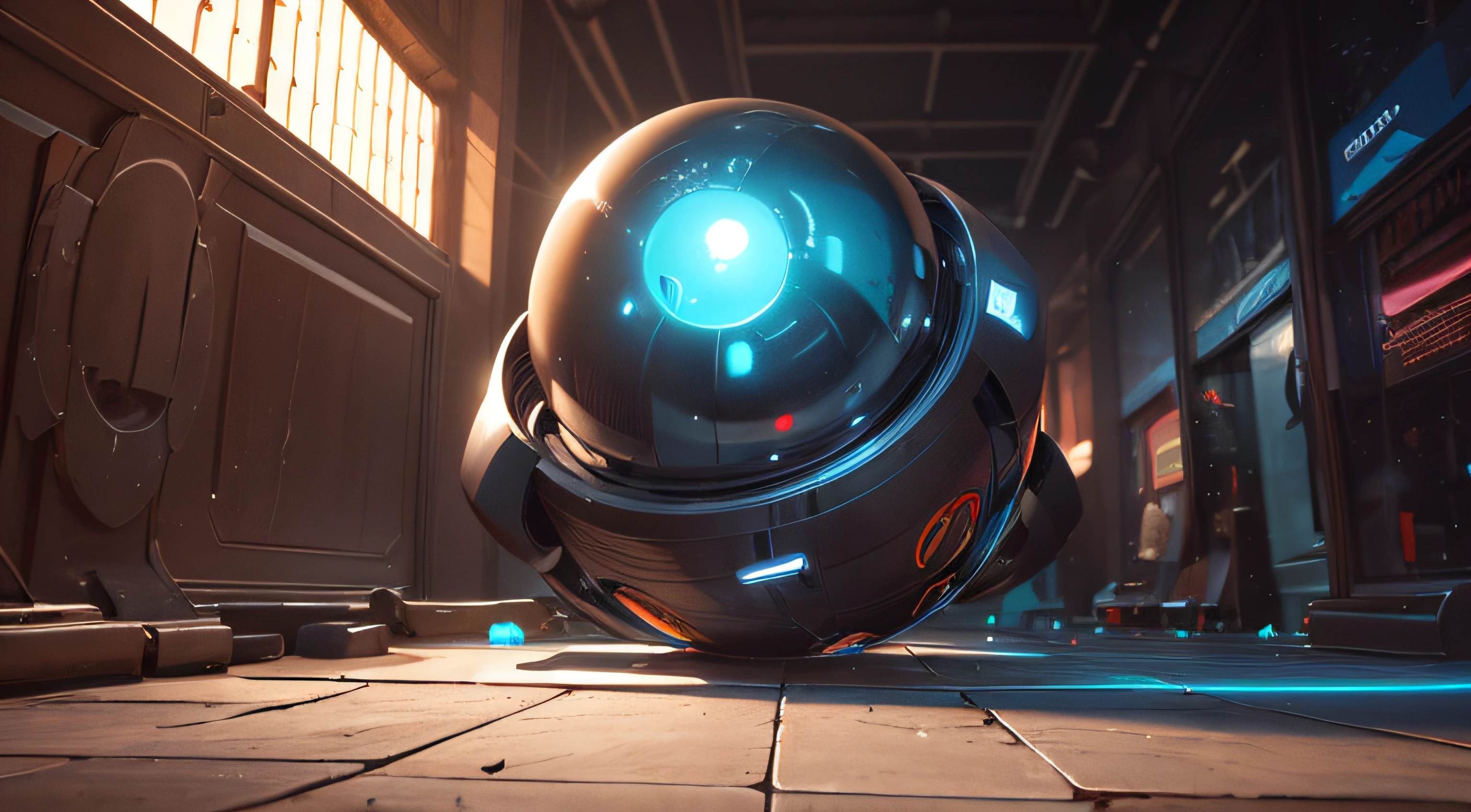 metal ball with neon blue details, on a stone floor, blue sky, global lighting, raytracing, scfi, trend in artstation, bloom, high detail, concept art, anime, action painting, film grain, bloom, ray tracing, bright light, cinematic lighting, character graphic, social media composition, high quality, 8k --auto