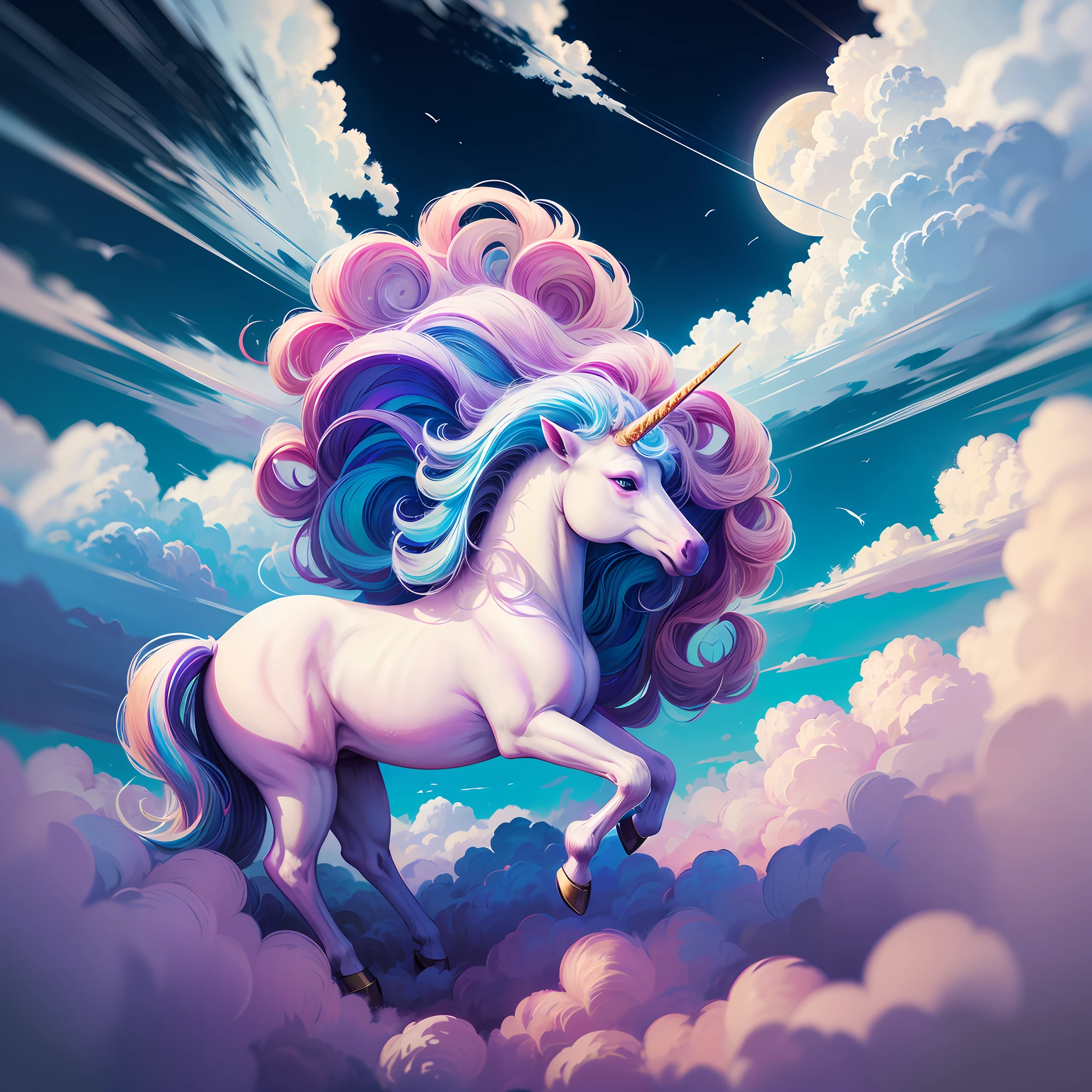 Masterpiece, best quality, {best quality}, {{masterpiece}}, {highres}, {{unicorn}}, {{unicorn in the clouds}}, colors, colorful, blue sky --auto --s2