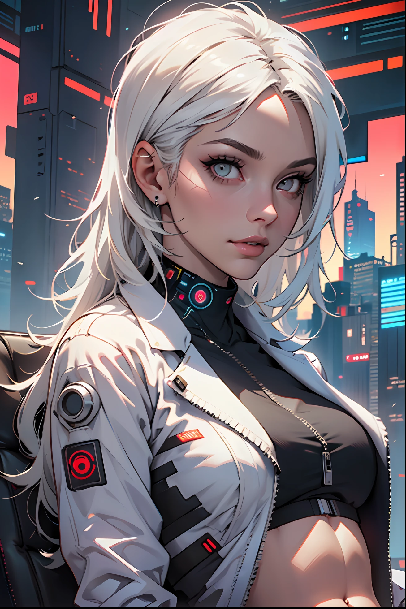 (masterpiece:1.3), (8k, photorealistic, RAW photo, best quality: 1.4), (1girl), beautiful face, (realistic face), Nice hairstyle,Realistic Eyes,Nice detail eyes,(Realistic Skin),Beautiful Skin,Ridiculous,attractive,Ultra high Resolution,an ultra realistic,RAWExtremely detailed,golden proportions, Woman wearing business outfit, white formal blazer, white blouse, white high waist business skirt, beautiful, masterpiece, best quality, perfect lighting, (white hair:1.4), long hair, (grey eyes:1.2), slender build, thin, medium breasts, business woman, ceo of small arms and aerospace centered mega corporation, sitting in luxurious black office chair, giant modern window with view of dusk cyberpunk city skyline in background, torso shot, dusk, (cyberpunk city background:1.3), (Hazy sky:1.2), (Dim red sun:1.3), eyelashes, dark eyeliner, cyberpunk, older, sleek modern-futuristic office, (white clothes:1.2)