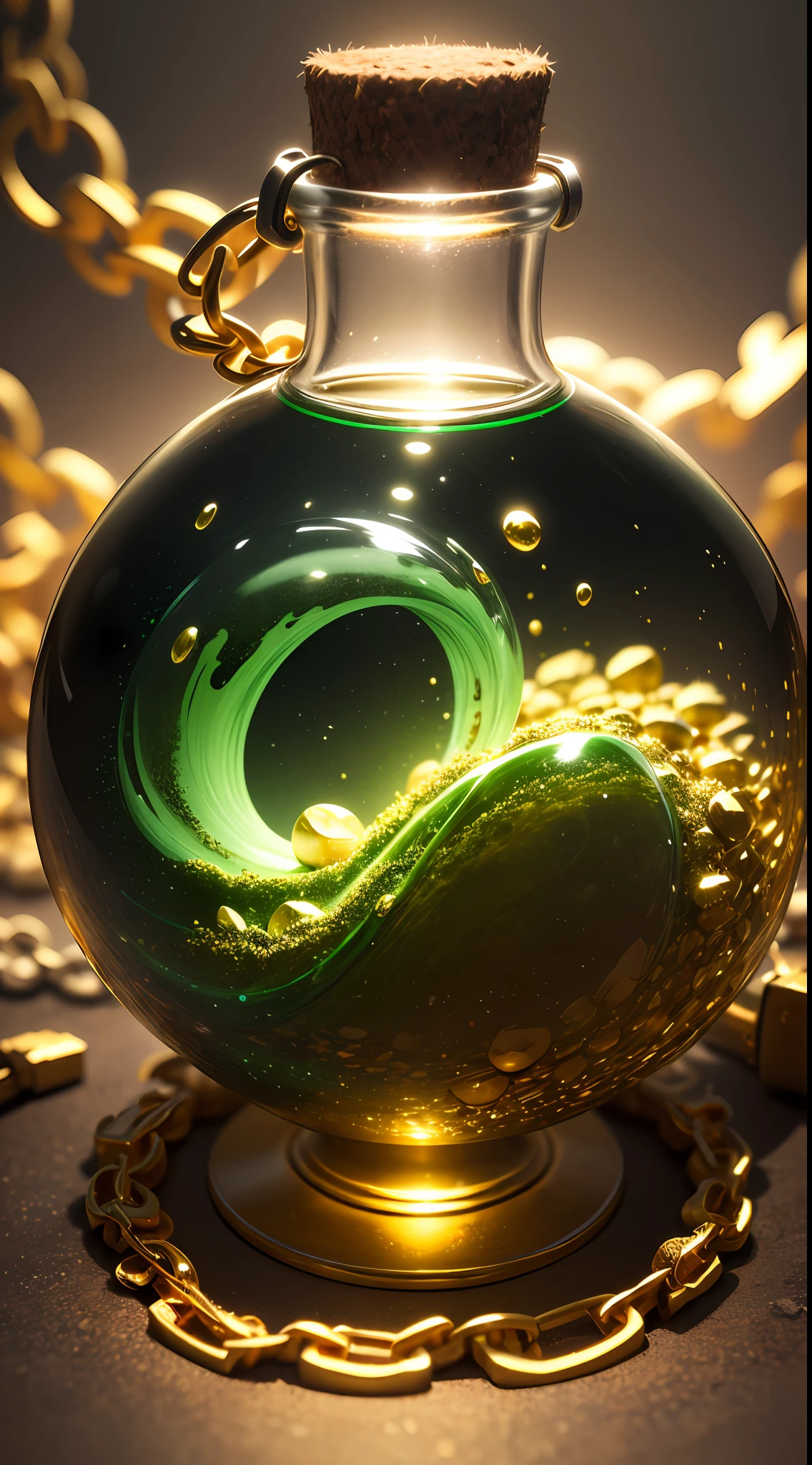 Round bottle with gold details, small, bright green potion, glass bottle with gold details, smoking with gold particles, abstract liquid background, gold details, green liquid in half, gold details, particles, round bottle with chains, centered in the middle of the image
