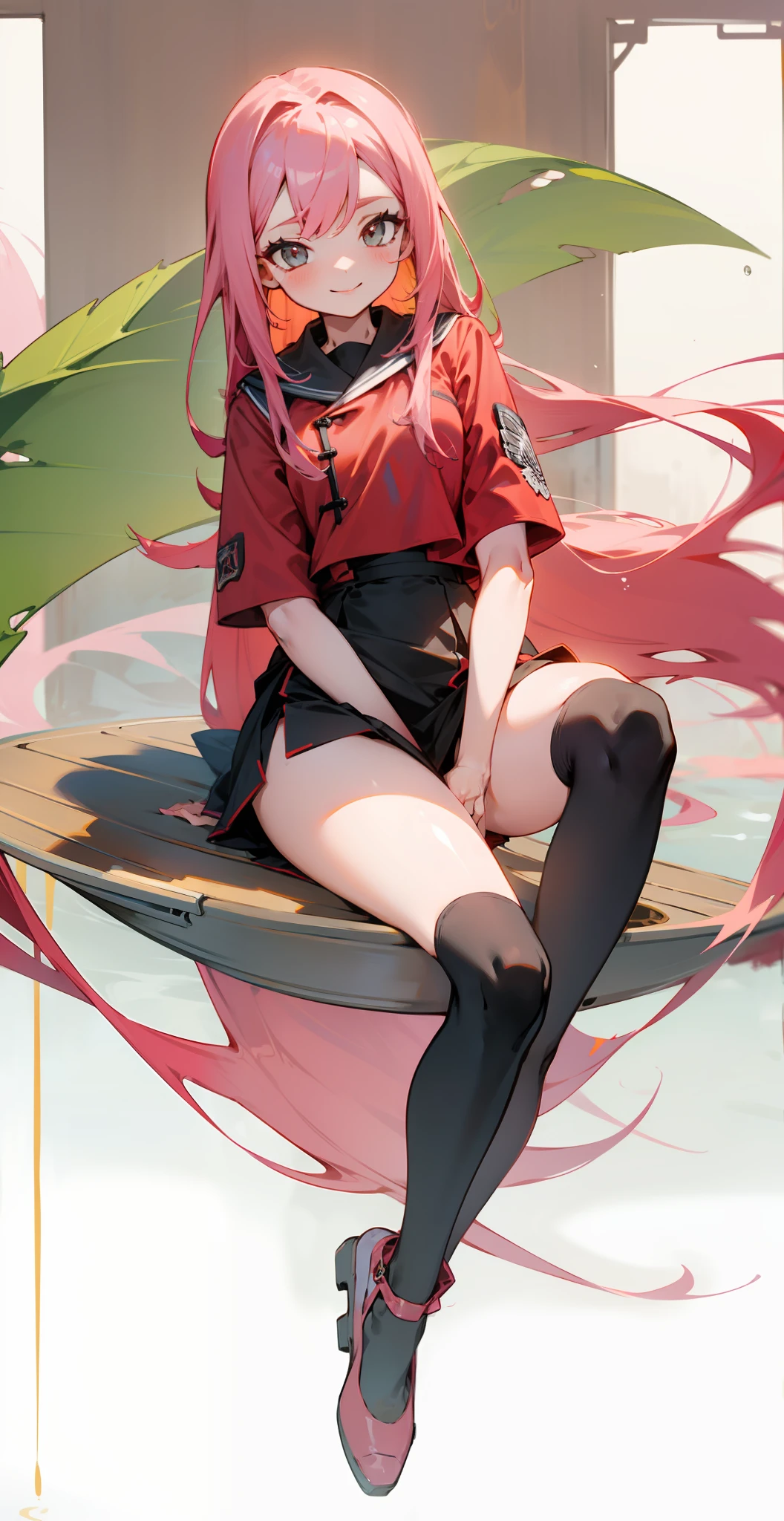 One sitting on a boat in the water, sweet smile, long pink hair, red wings, short skirt, black stockings, slender legs