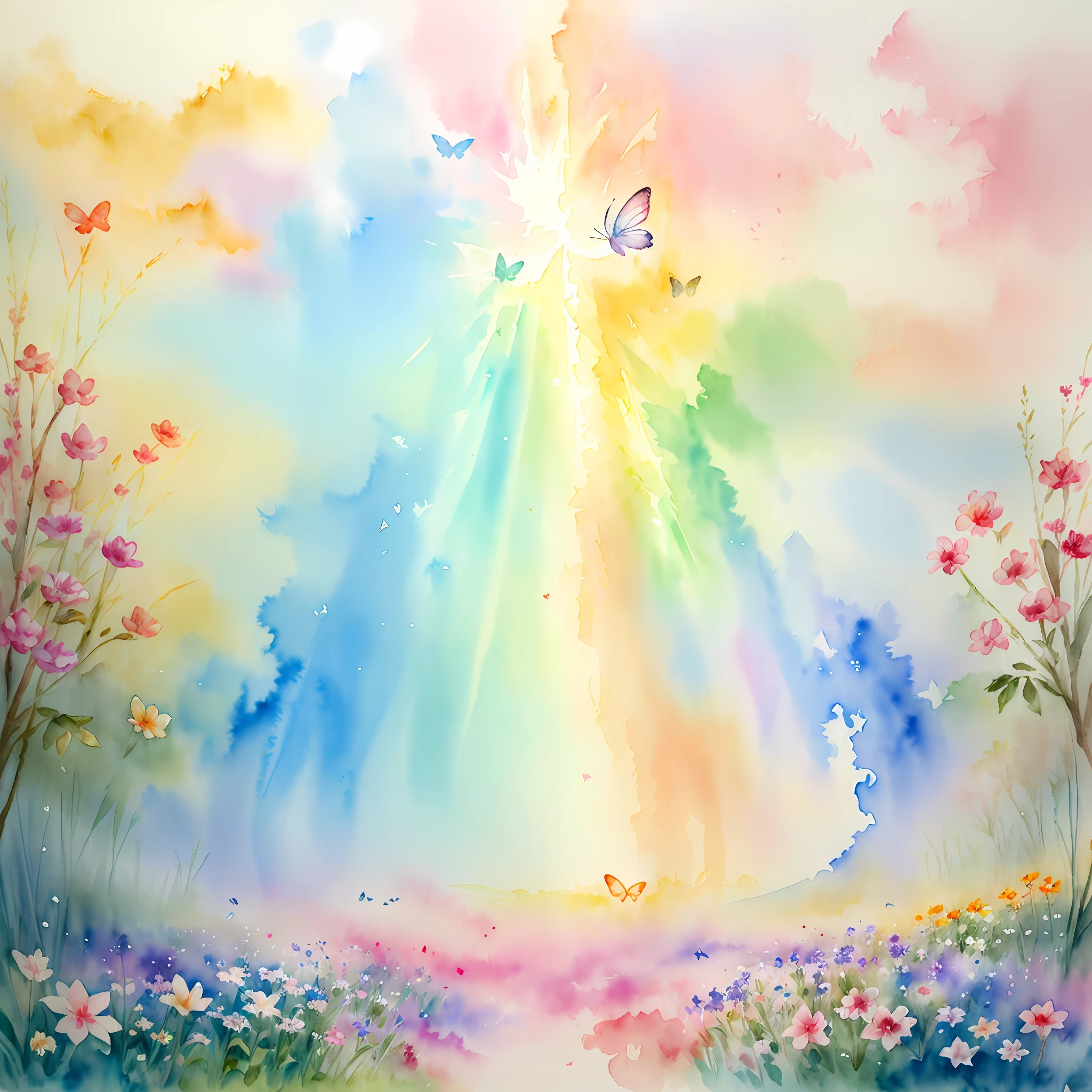 ( watercolor \(medium\), drawing, IrisCompiet:1.2),painting of a multiples animals in a mystical flower field, butterfly, intricate details, god rays, sfw