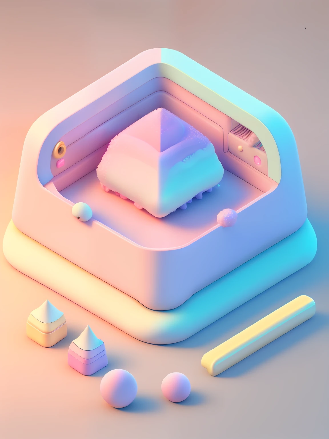 microworld, isometric view of cute kawaii keyboard, (pink, white, yellow, purple), cozy and pastel, lighting particle, dynamic light effect, futuristic, incredibly detailed, super resolution