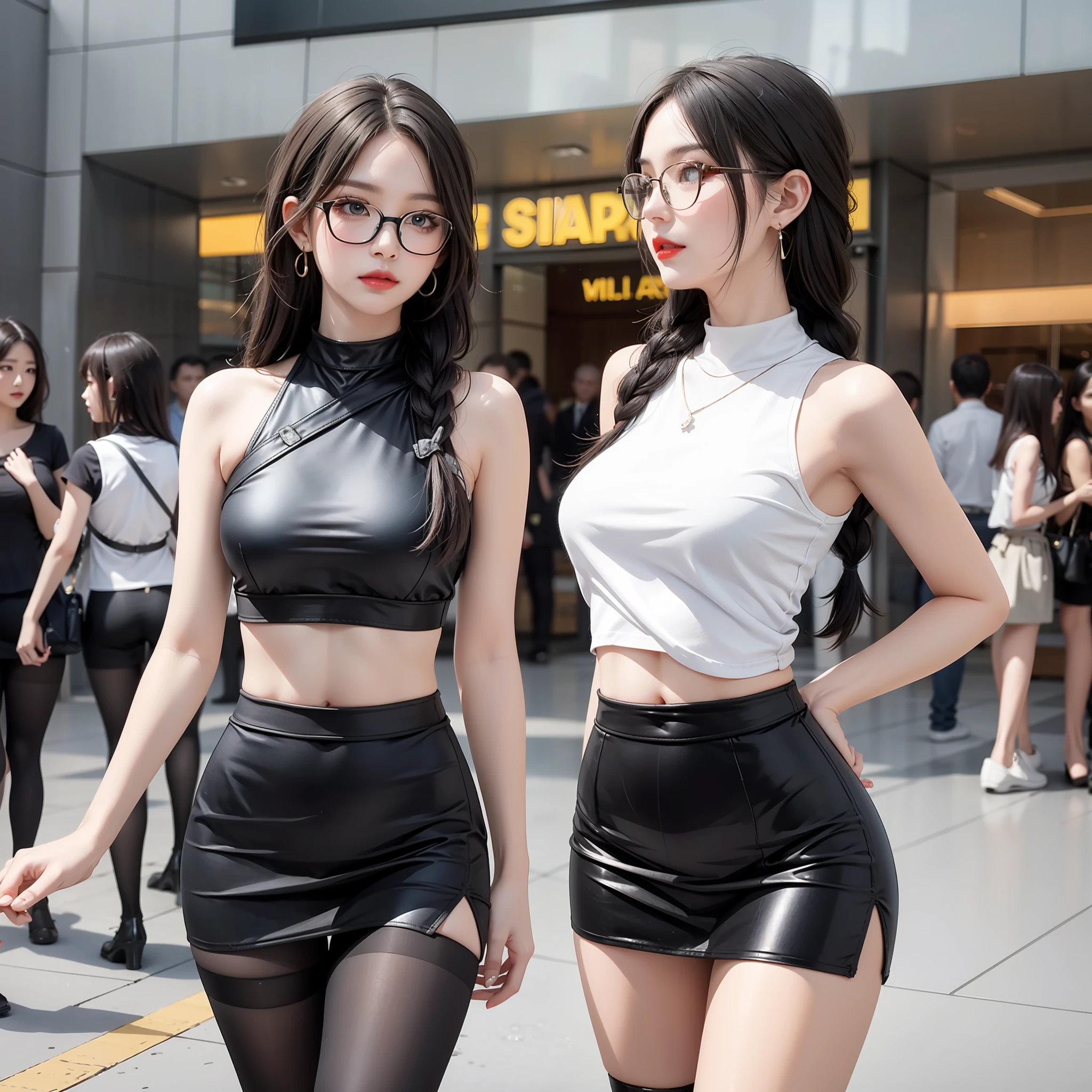 A silly white sweet, wearing glasses, masterpiece, light makeup, red lips, coiled hair, side braids, shopping mall background, beautiful, elegant. Ultra-fine details, master works, real texture, cinematic lighting realism, perfect works, 8k, high definition, exquisite facial features. The upper body is wearing an elastic sleeveless slanted shoulder top, showing the navel and a small waist. The lower body is wearing a beautiful tight hip skirt, sexy black tights, and an S-shaped curved body. Pear-shaped body. Rounded hips, slender little waist, sexy chest, vest line, collarbone, bright big eyes, smooth skin, earrings, tattoos, short and cute beautiful legs. Deep in the human, cat cherry lips. Perfect waist-hip ratio.