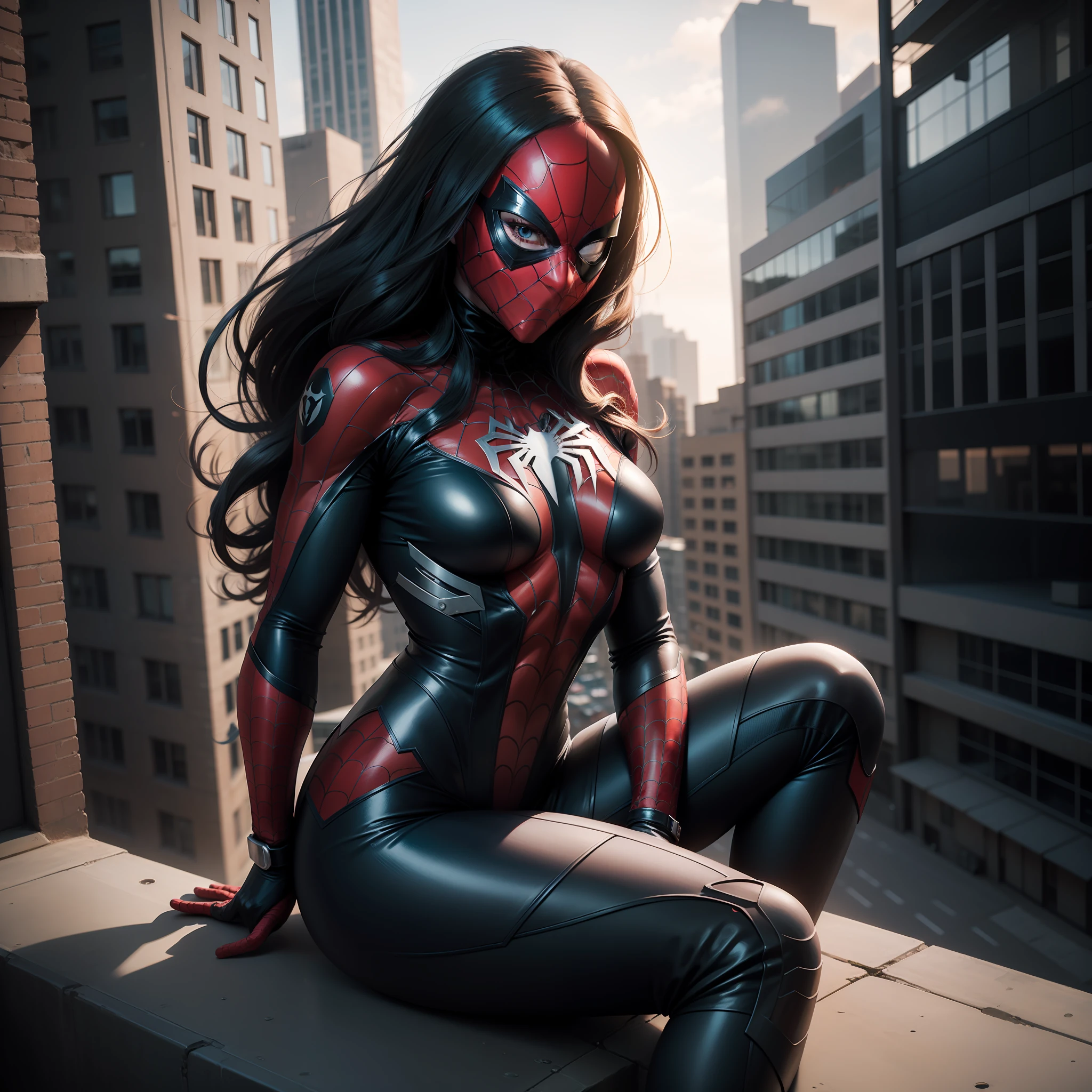 Spidergirl version Ashley Barton, Marvel, City, sitting on the edge of a building, mask covering only the eyes, futuristic design, straight hair up to the neck, arms uncovered, gloves covering forearms, just one person, portrait.