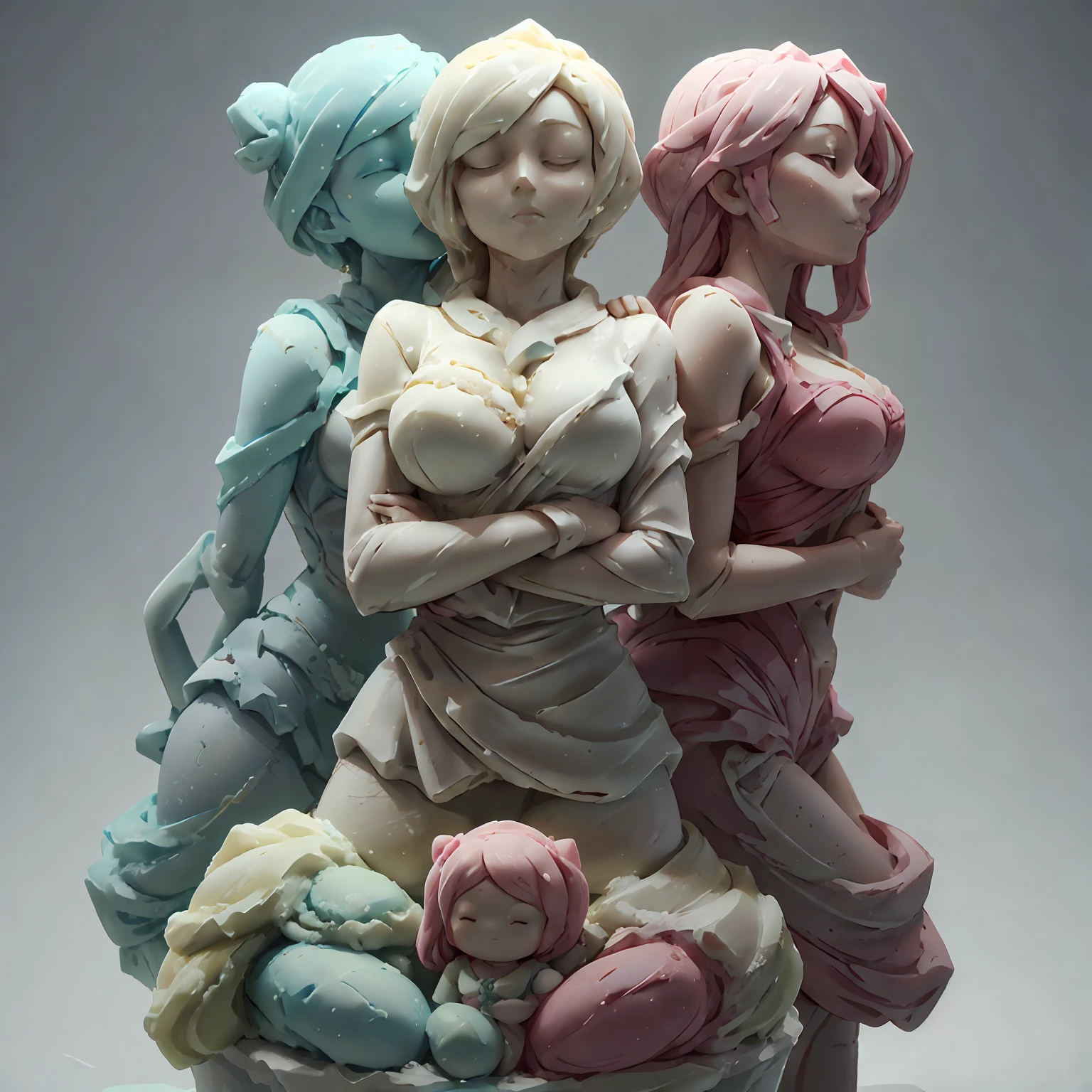 Ice cream, pretty girl figures, (bust sculpture), clay, blind box, (cute), {(three-headed body)}, cute girly, simple, exquisite facial features, masterpiece, the best quality