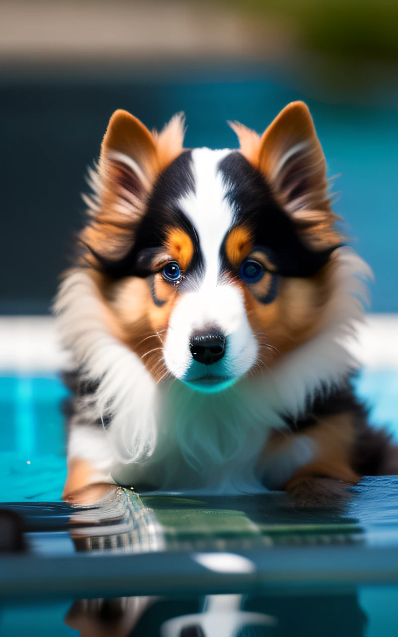 hyper Quality,Cute two Shetland Sheepdog puppies,different body colors,swimming in the pool,black eyes,barking,narrow eyes,smile,eos r3 28mm