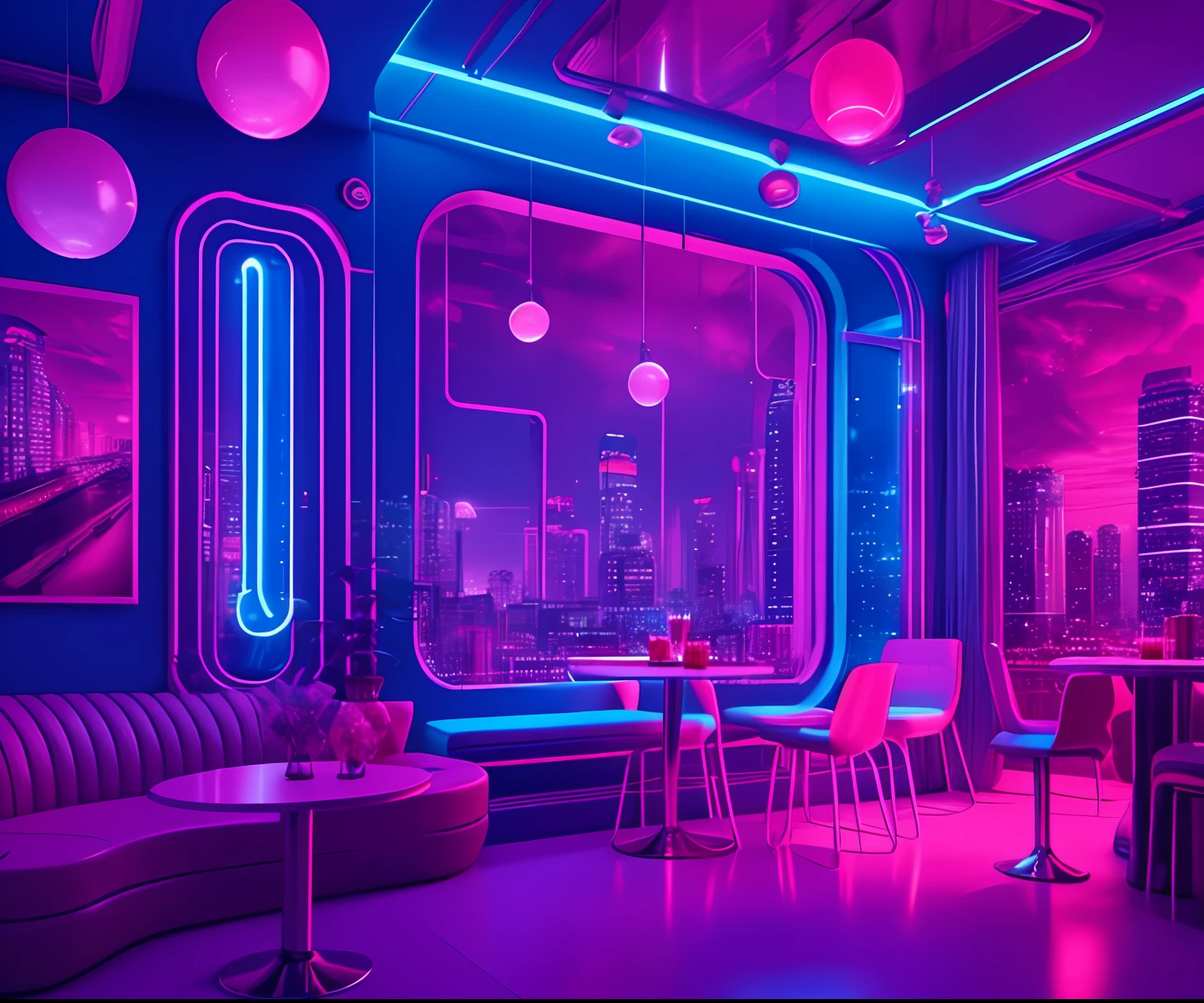 ((masterpiece)), (ultra-detailed), (intricate details), (8k high-resolution CGI art), Create an image of a small cyberpunk (coffee shop) retro-futuristic and realistic vaporwave overnight. One of the walls should feature a large window with a bustling, colorful and detailed cityscape (cyberpunk), synthwave, neon. The city should have a futuristic style with many colors, neon lights, signs and buildings of different sizes. The cityscape should be extremely detailed with depth of field. The city should have a lot of visual interest with lots of small details. Use atmospheric lighting and ambience to create depth and evoke the feeling of a bustling futuristic city outside the window. Pay close attention to details like intricate, rental eyes, and '90s bedroom details. Camera: Wide photo showing the bed or table and the window. The window should be the focal point of the image. Lighting: Use atmospheric and volumetric lighting to enhance the details of the cityscape. The room should be illuminated by the neon lights of the urban landscape.