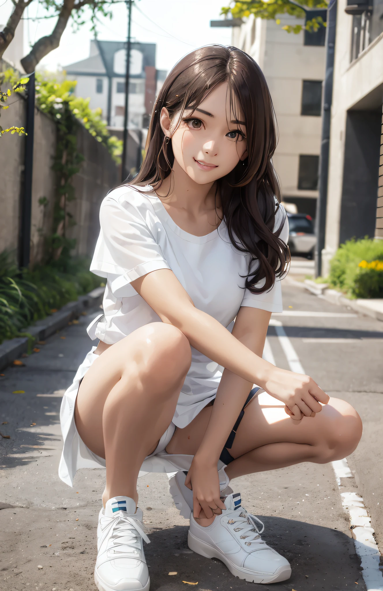 Beautiful girl alone, white mini skirt, white shirt, white panties, white shoes, masterpiece, realistic, looking at the camera, bronze long hair, smile, brown eyes, realistic eyes, slender eight-headed body, sharp eyes, long leg punches, outdoors, sweaty wear