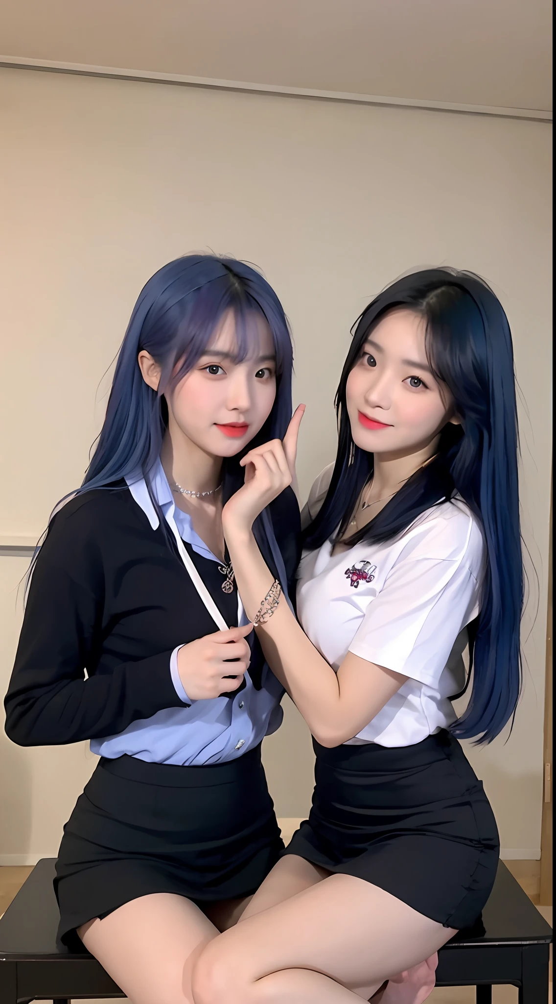 A pair of twin sisters, cute Korean singer girl, photo taken in the room at night, tall, big breast, sitting with open legs, face to face,, wearing tight slim black tight short skirt, cute real girl, bare furrow, blue hair and pink hair, sexy, realistic korean girl, girl, cute schoolgirl, looking at the audience, necklace, delicate makeup
