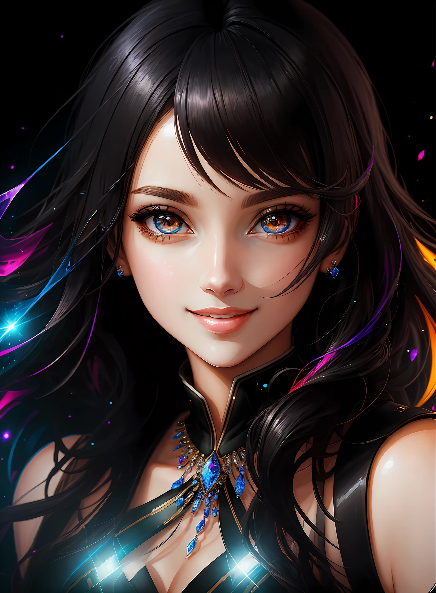 ((Best Quality)), ((Masterpiece)), (Real), (Detail),Anime Style, (One Woman) Close-up portrait of a woman with black hair, beautifully shining eyes like crystal diamonds, 4K high-definition digital art, stunning digital illustrations, stunning 8K artwork, colorful digital fantasy art, colorful and bright, beautiful digital artwork, Colorful Digital Painting, Digital Anime Art, Portrait of Beautiful Bright Smiling Woman, 8K HD Digital Wallpaper Art, Gorgeous Digital Painting