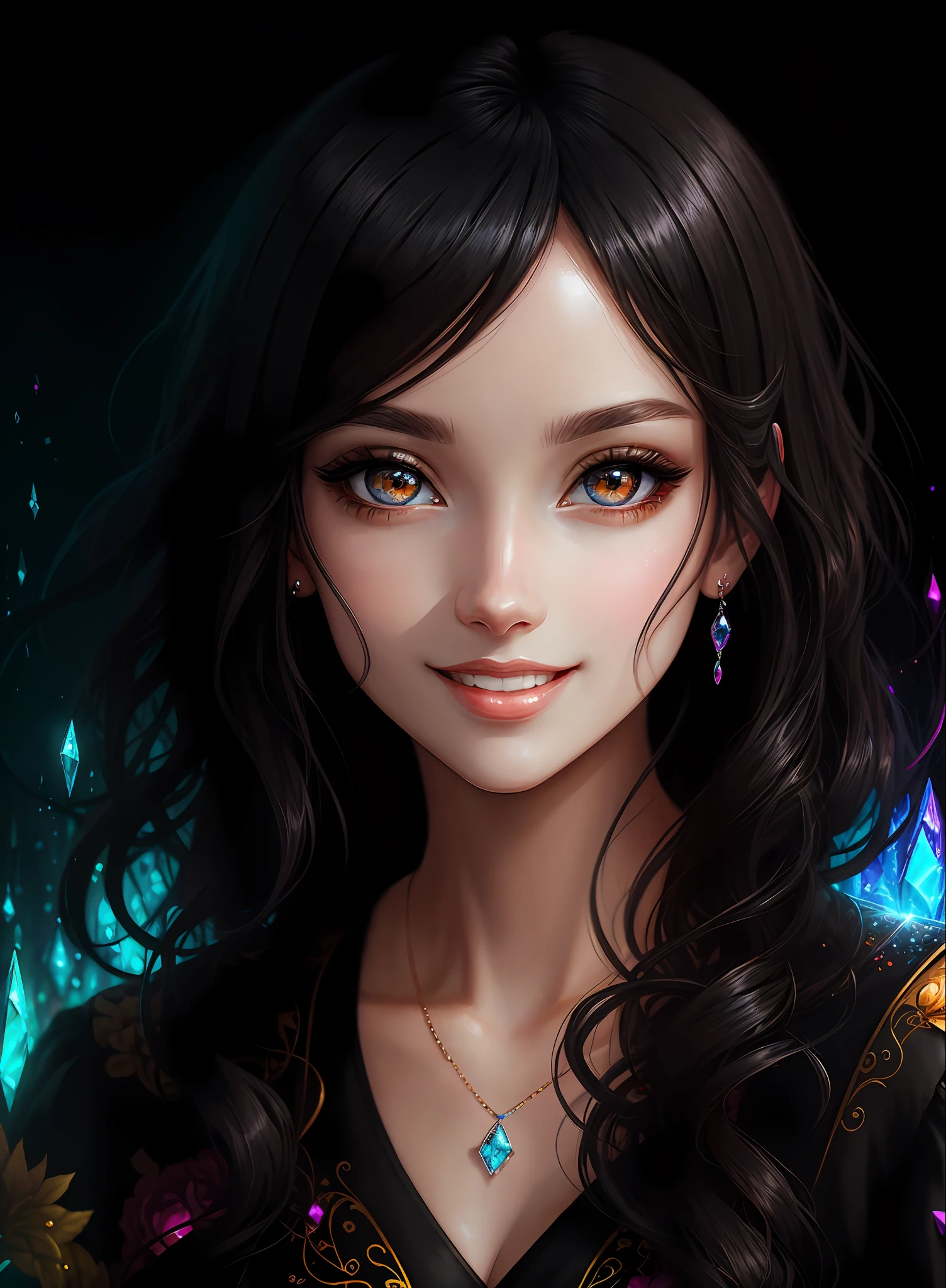 ((Best Quality)), ((Masterpiece)), (Real), (Detail),Anime Style, (One Woman) Close-up portrait of a woman with black hair, beautifully shining eyes like crystal diamonds, 4K high-definition digital art, stunning digital illustrations, stunning 8K artwork, colorful digital fantasy art, colorful and bright, beautiful digital artwork, Colorful Digital Painting, Digital Anime Art, Portrait of Beautiful Bright Smiling Woman, 8K HD Digital Wallpaper Art, Gorgeous Digital Painting