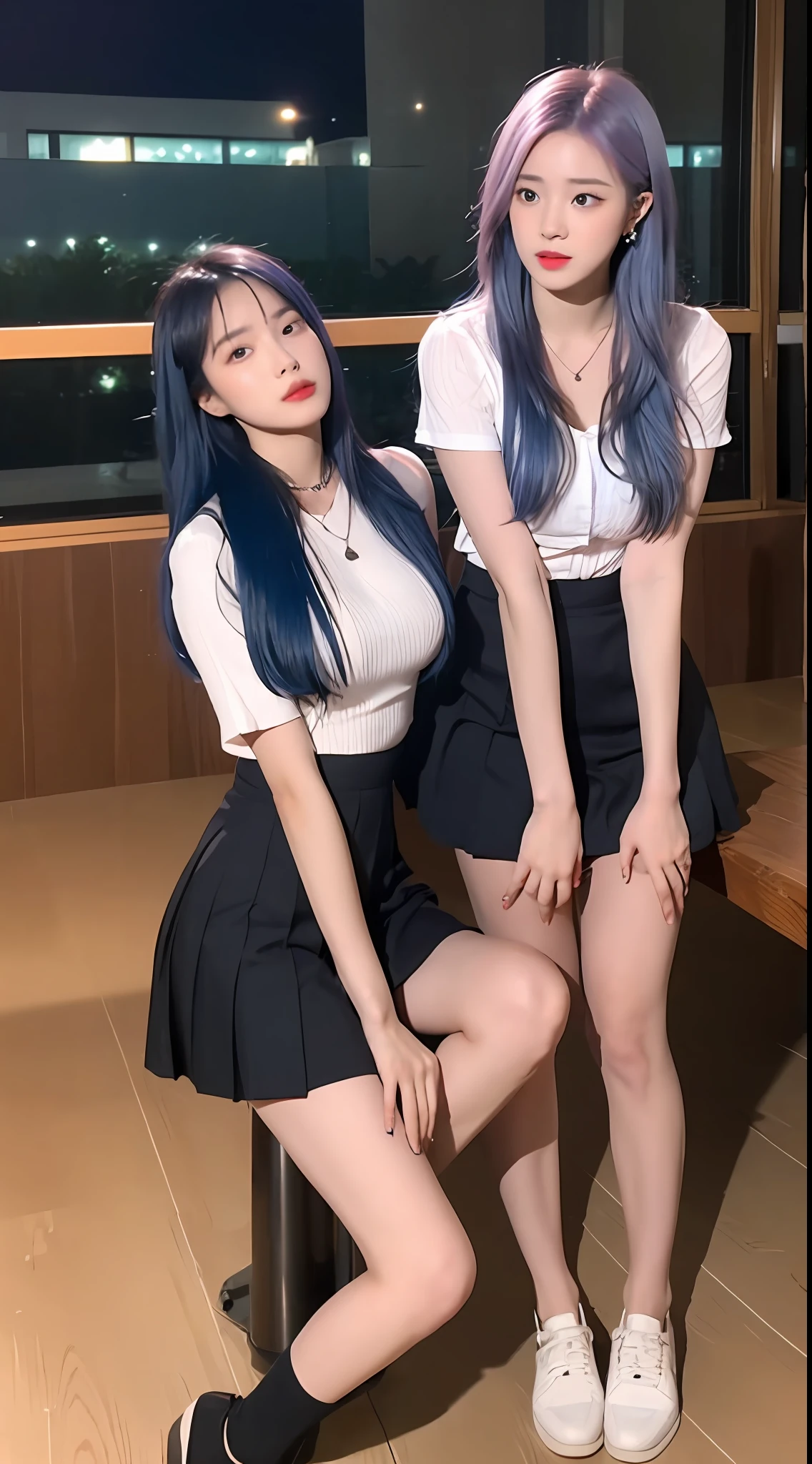 A pair of twin sisters, cute Korean singer girl, photo taken in the room at night, tall, big breast, sitting with open legs, face to face,, wearing tight slim black tight short skirt, cute real girl, bare furrow, blue hair and pink hair, sexy, realistic korean girl, schoolgirl, cute schoolgirl, looking at the audience, necklace, delicate makeup