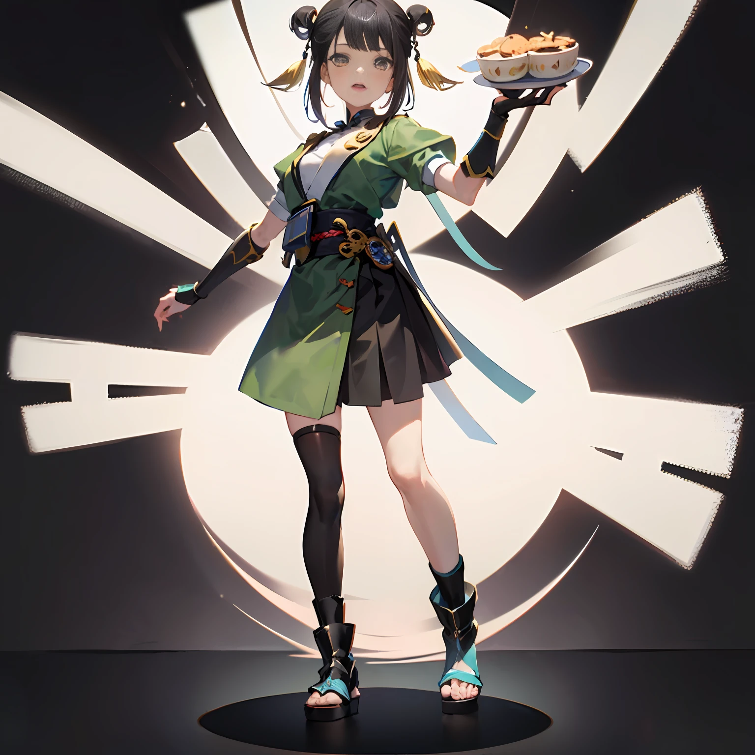 anime girl in a green shirt and black skirt holding a plate, full body xianxia, official character art, official art, maya fey from ace attorney, hq artwork, inspired by Takehisa Yumeji, yayoi kasuma, inspired by Pu Hua, sha xi, katana zero video game character, harumi, tsugumi ohba