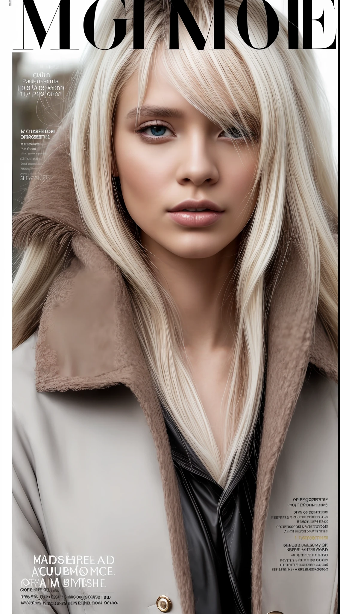 a model ((albino)),(hypopigmentation)with Nordic facial features posing elegant for editorial photo of digital magazine cover, wearing winter clothes, overcoat ultra modern plaid wool, vivid colors intense, detailed, haute couture, ultra detailed finishes, cute aspect, intricate details, photo editorial style of magazine cover, high fashion, apply editorial environment, masterpiece, highest quality, ultra detailed, high definition,
