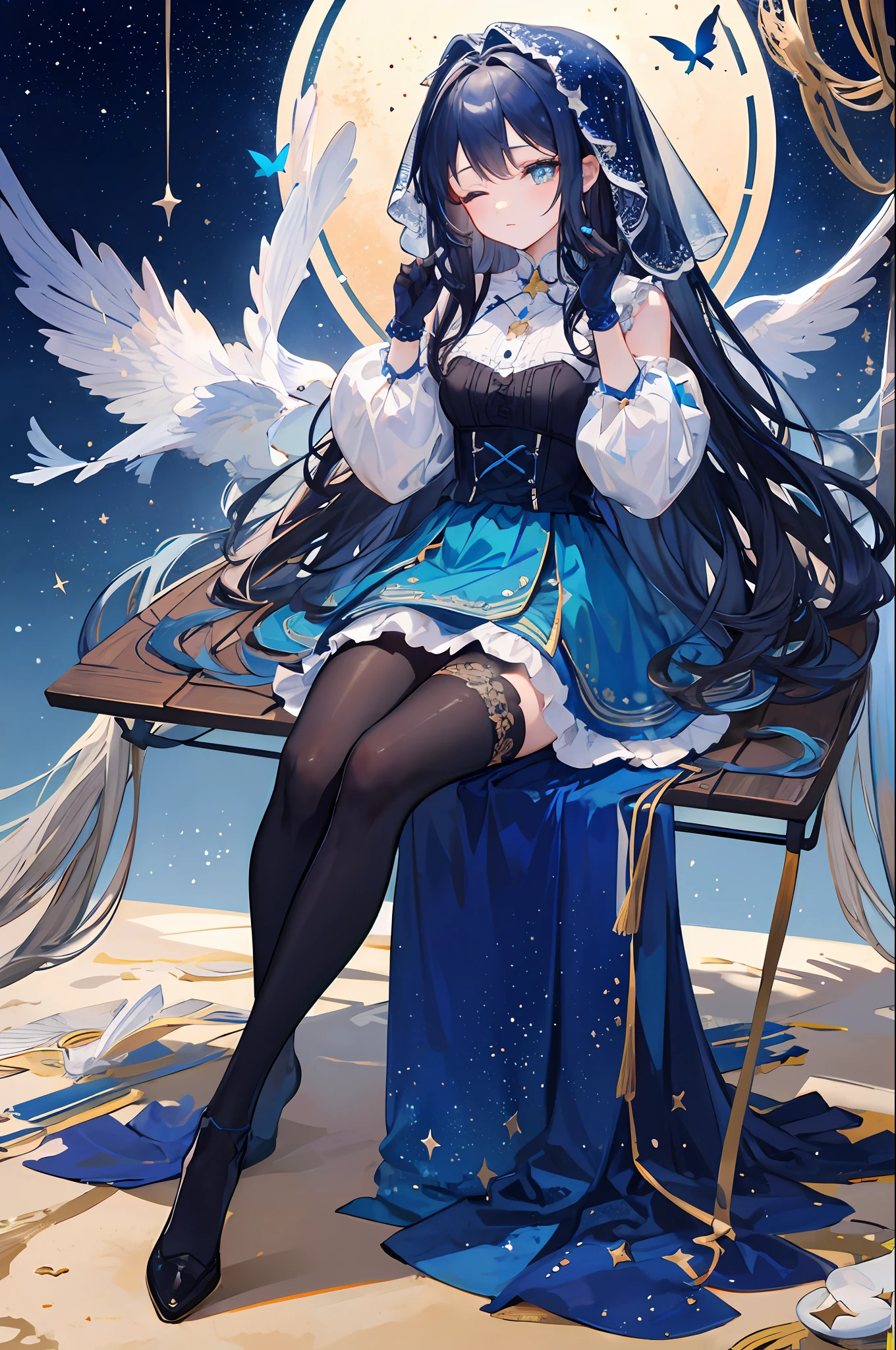 ((Super Detailed)),((Illustration)),((Masterpiece)),(Excellent))),((Beautiful and Detailed Eyes)),(Extremely Detailed CG Unity 8k wallpaper, Best Quality, Masterpiece),((4K, Masterpiece, Best Quality)), A woman with a sisterly feel but a little mature, long dark blue hair, long hair up to the waist, loose hair, shawl, emerald green eyes, (single), full of stars, left hand slightly raised, left ring finger with ring, dark blue oversized swing princess dress, Wearing a dark blue trench coat, stars hidden under the skirt, dark blue butterflies flying around, garden theater background, star curtain, wearing a dark blue veil with stars, suspender stockings, closed eyes and sleeping peacefully, right hand with gradient blue star gloves, (full body picture), smaller eyes, (beautiful face: 1.2), (flowing hair: 1.2), (gorgeous starry sky background))
