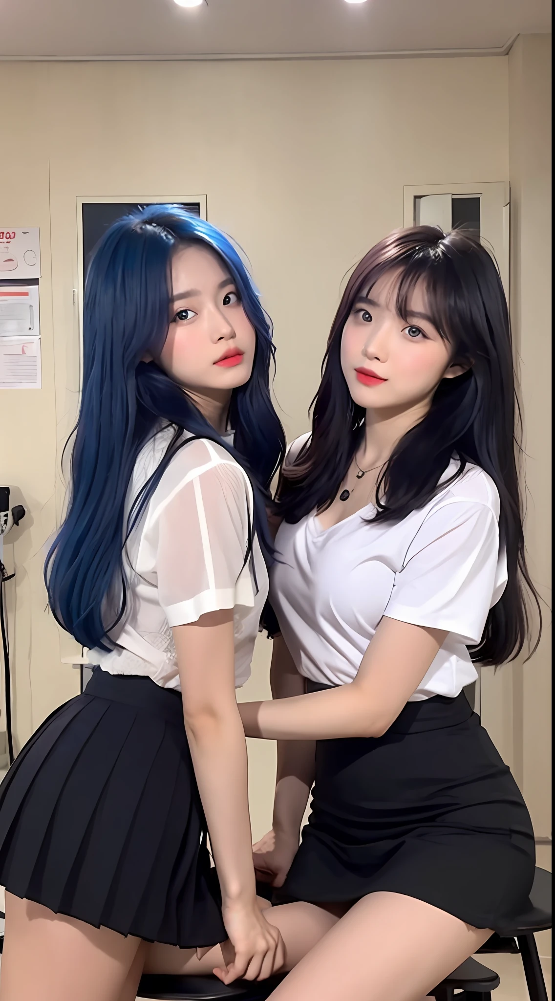 A pair of twin sisters, cute Korean singer girl, photo taken in the room at night, tall, big chest, sitting with open legs, face to face, wearing tight slim black tight short skirt, cute real girl, bare furrow, blue hair and pink hair, sexy, realistic korean girl, schoolgirl, cute schoolgirl, looking at the audience, necklace, delicate makeup