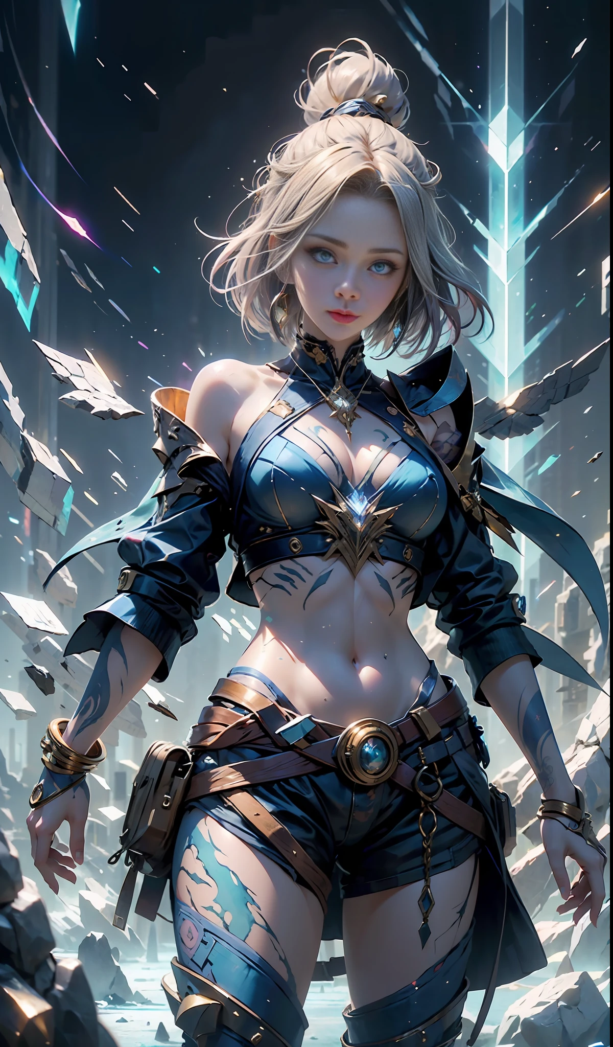 digital analysis, anime style, woman, elemental mage engulfed in blue flames and yellow lightning, color chaos, gold and ice tones, depth of field, beautiful, highly detailed, surreal, cinematic lighting, clear, spatial background, cinematic lighting soft, (backlight: 1.2), (blossom: 1.2), (brightness: 1.1), (chromatic aberration: 1.2), sharp focus, high contrast , masterpiece, realistic, dynamic pose.