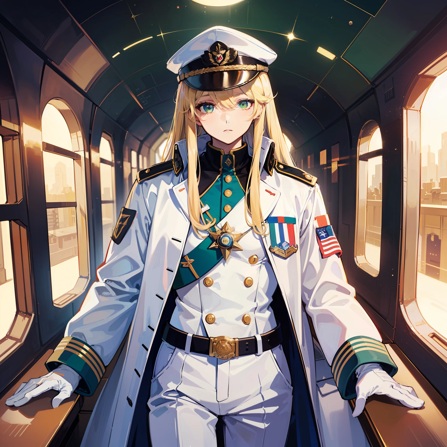 ((Masterpiece)), ((highest image quality)), ((highest image quality)), (illustration of one boy), full body, 20 years old, (beautiful boy)), (man's daughter), (neutral), (((thin blonde long hair, bangs)), pale green eyes, (brown skin)), (military uniform)), (military uniform)), ((army hat)), ((military coat)), (white clothes), (white pants), (white hat), trench coat, (( ( Inside the spaceship)), (outside the window, space, Earth seen from space, spaceport)