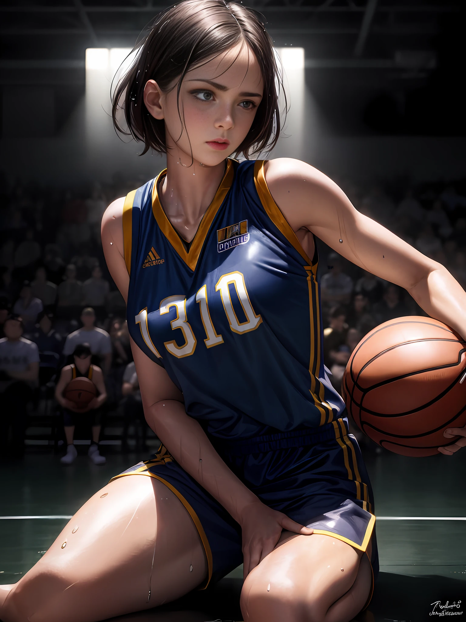 masterpiece,ultra detailed,realistic photo, 1beautiful girl, basketball uniform,detailed crewcut hair, big eyes, looked away,small delicate head,shiny skins,large breasts,tone abs,nice foots,wet skins sweat,basketball venue,illumination,focus face