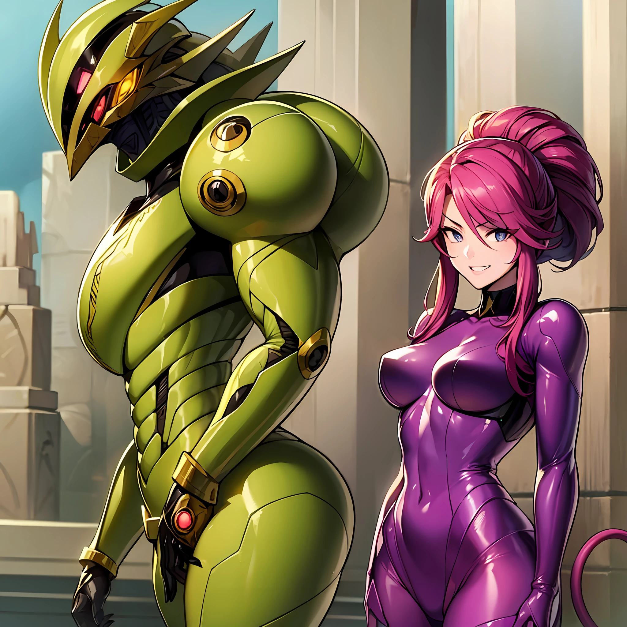 Hot insect shell woman, Guyver style, evil smile, scaraber reploid, bellows tail, cel shade adult animation, alien queen, metroid suit