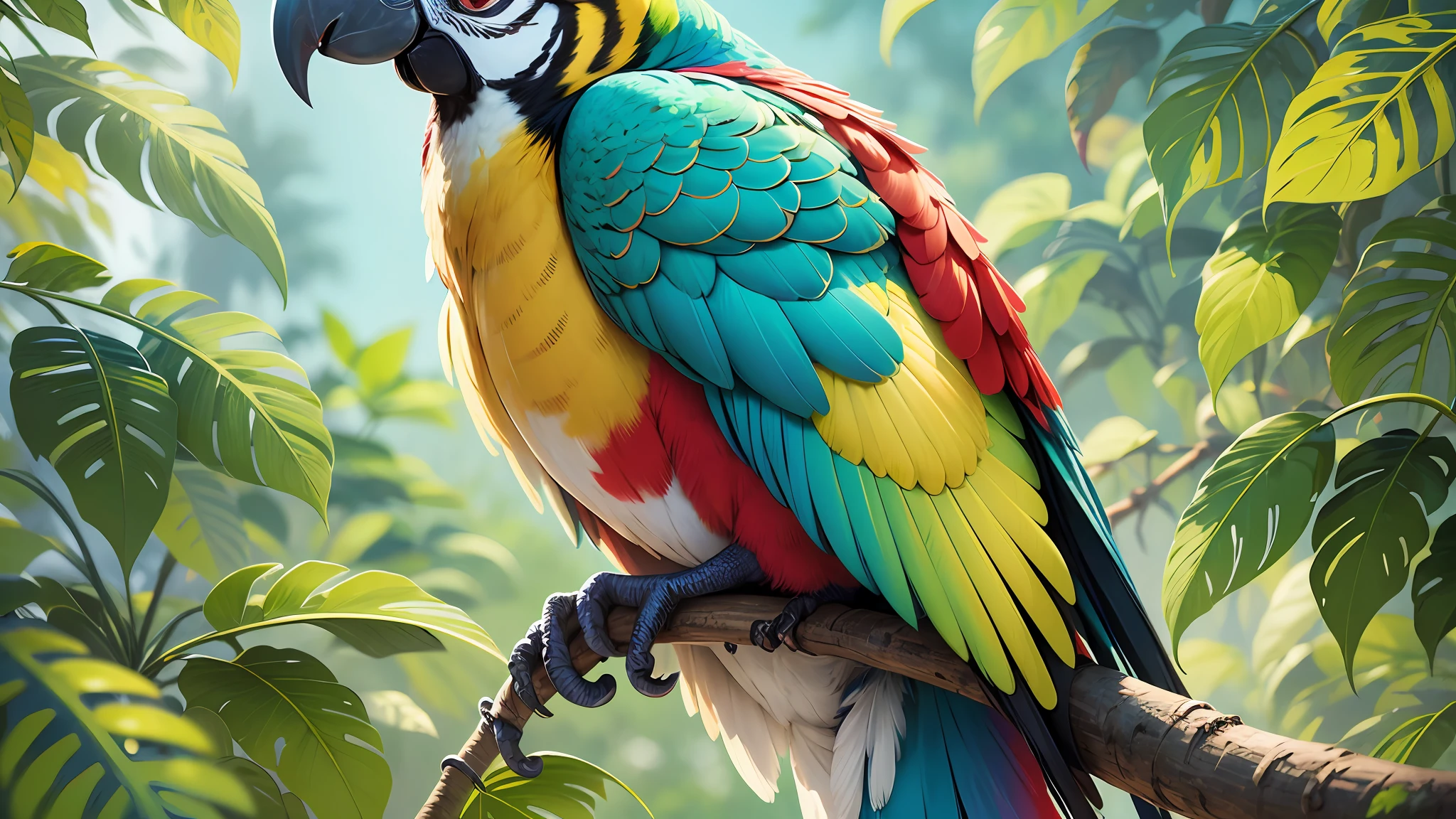 colorful parrot sitting in a tree, on a beautiful day open sky, color HD image, realistic color photography, colorful bird with green and red plume spreading singing wings, highly detailed digital painting, rich colorful, photorealistic printing of exotic birds, colorful, beautiful and colorful, highly realistic photo, pet bird, multicolored, highly colorful ultra realistic,8k --auto --s2