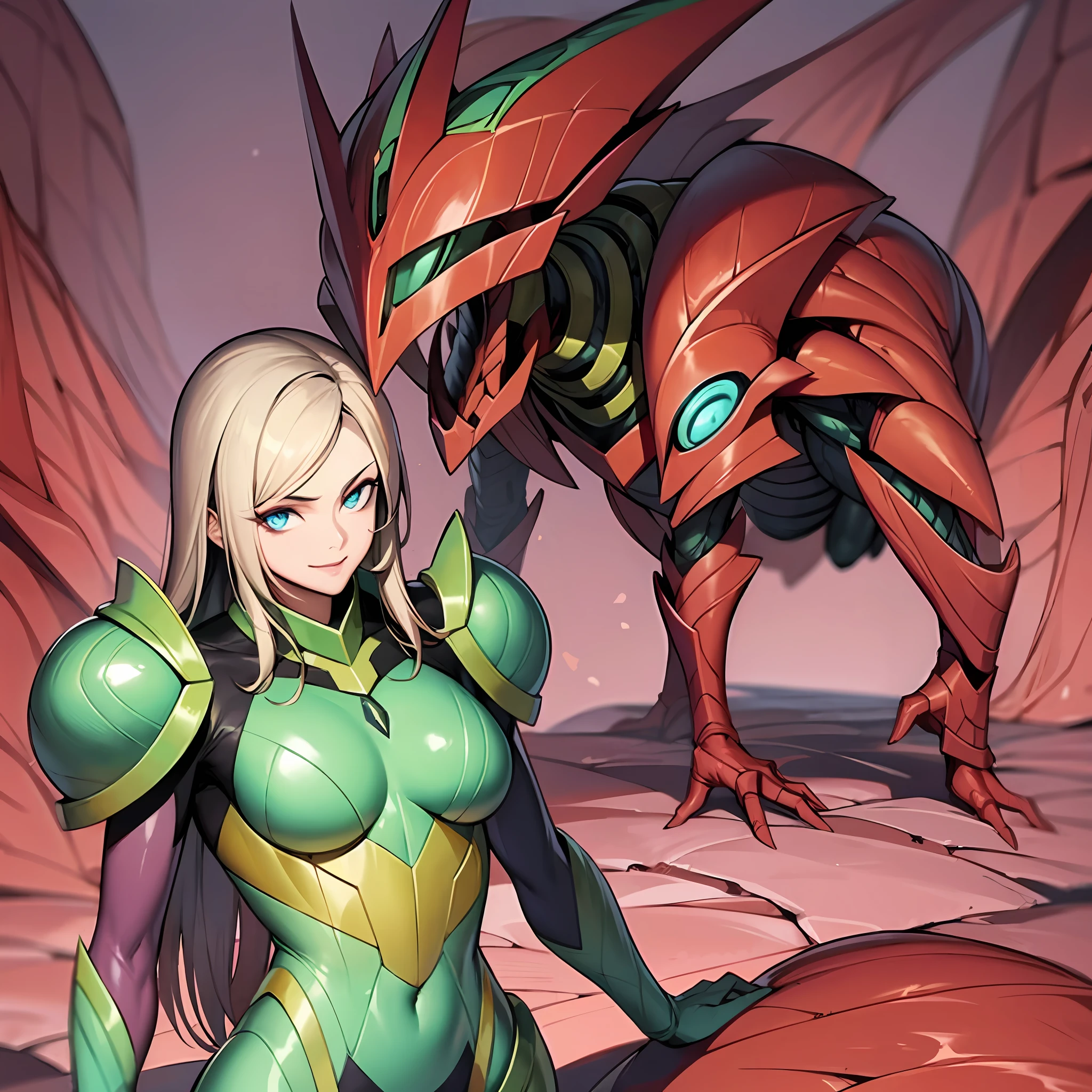 Hot insect shell woman, Guyver style, evil smile, scaraber reploid, bellows tail, cel shade adult animation, alien queen, metroid suit