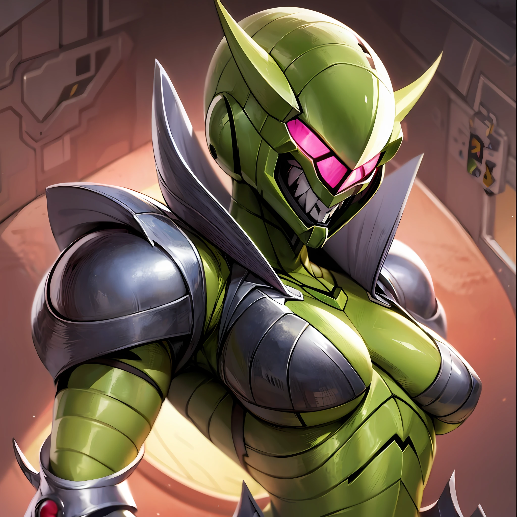 Hot insect shell woman, Guyver style, evil smile, scaraber reploid, bellows tail, cel shade adult animation, alien queen, metroid suit