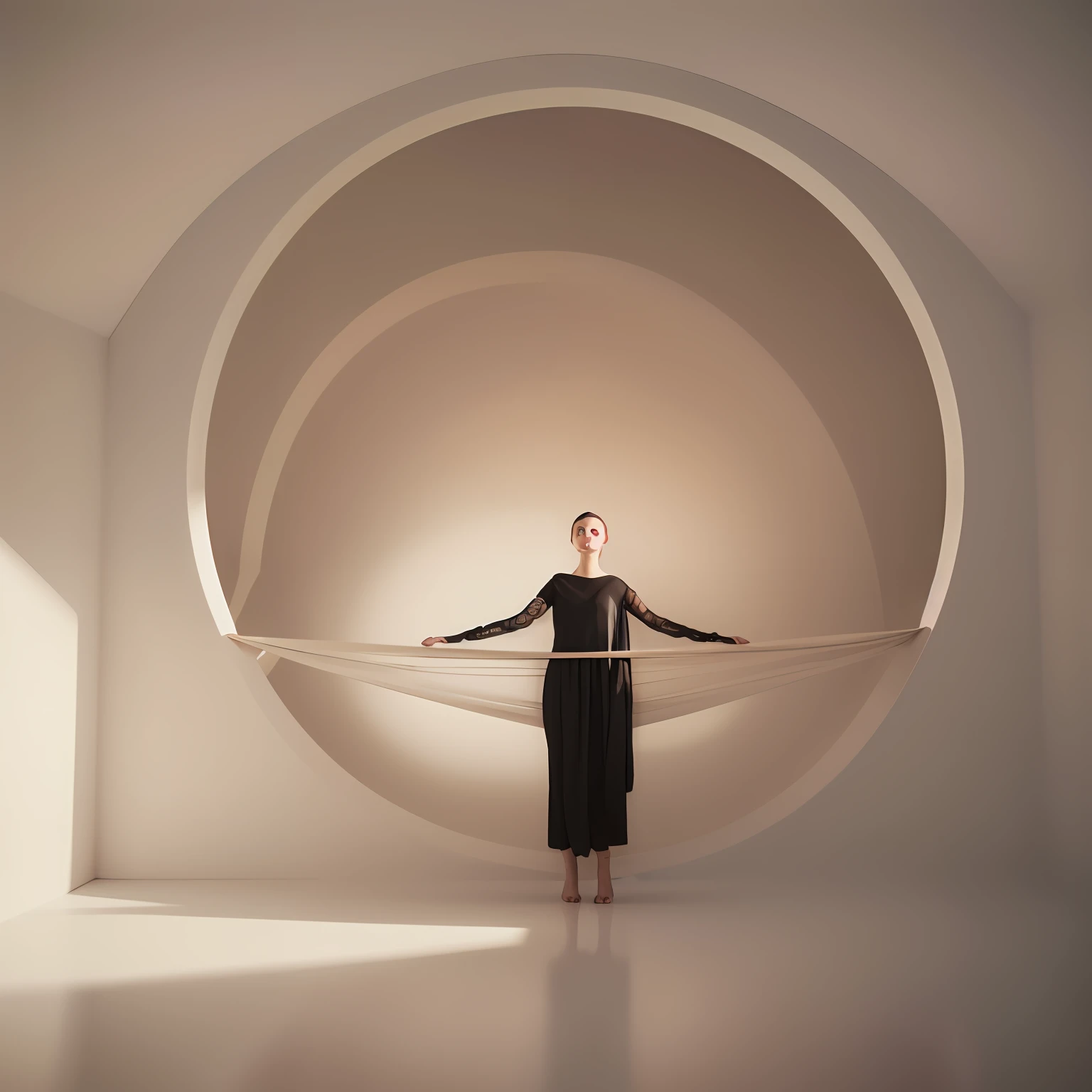 Årafed woman in black dress standing in a white room with circular window inspired by Anna Hussli, still of screen and silk, editorial and advertising photographs, ethereal sheer translucent fabric, Japan woman standing on one leg, in front of a white background, in a white room, with anatomically accurate hands resting on a black hammock, against the background of a white glowing window, The background should be neutral and simple, allowing a woman to be the focal point of the image. Pay attention to every detail, such as highlights and shadows on the face and hair, to create a realistic and realistic image. Experiment with different lighting techniques to improve the mood and mood of your portrait. The final product should be a masterpiece that captures the essence and beauty of women ((Highly detailed skin, skin details)), Sharp Focus, Volumetric Mist, 8k UHD, DSLR, High Quality, Film Grain, Fujifilm XT3 Negative prompt: ((((Big hands, non-detailed skin, semi-realistic, CGI, 3D, rendering, sketching, cartoon, drawing, animation)))), (((ugly mouth, ugly eyes, missing teeth, crooked teeth, close-up, cropped, out of frame)))), worst quality, low quality, JPEG artifacts, ugly, duplicated, pathological, amputated, extra fingers, mutated hands, poorly drawn hands, poorly drawn face, mutation, deformation, blurry, dehydrated, anatomy, poor proportions, extra limbs, crohn face, Deformed, coarse proportions, malformed limbs, no arms, no legs, extra arms, extra legs, fused fingers, many fingers, long neck