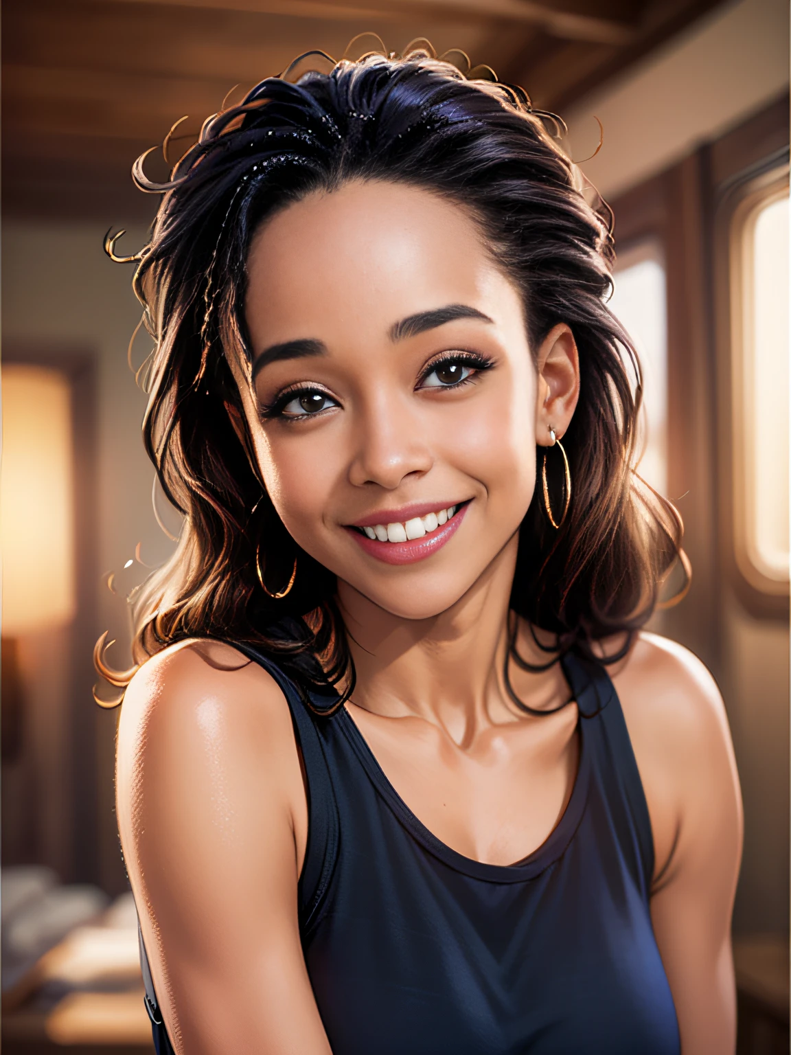 (Rae Dawn Chong), (realistic)(light and perfect smile: 1.5), (well-defined eyes, original), only the face, (best quality: 1.5).