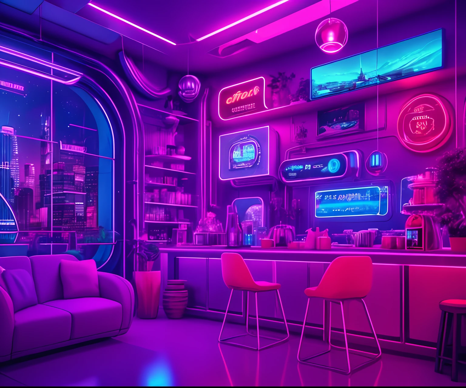 ((masterpiece)), (ultra-detailed), (intricate details), (8k high-resolution CGI art), Create an image of a small cyberpunk (coffee shop) retro-futuristic and realistic vaporwave overnight. One of the walls should feature a large window with a bustling, colorful and detailed cityscape (cyberpunk), synthwave, neon. The city should have a futuristic style with many colors, neon lights, signs and buildings of different sizes. The cityscape should be extremely detailed with depth of field. The city should have a lot of visual interest with lots of small details. Use atmospheric lighting and ambience to create depth and evoke the feeling of a bustling futuristic city outside the window. Pay close attention to details like intricate, rental eyes, and '90s bedroom details. Camera: Wide photo showing the bed or table and the window. The window should be the focal point of the image. Lighting: Use atmospheric and volumetric lighting to enhance the details of the cityscape. The room should be illuminated by the neon lights of the urban landscape.